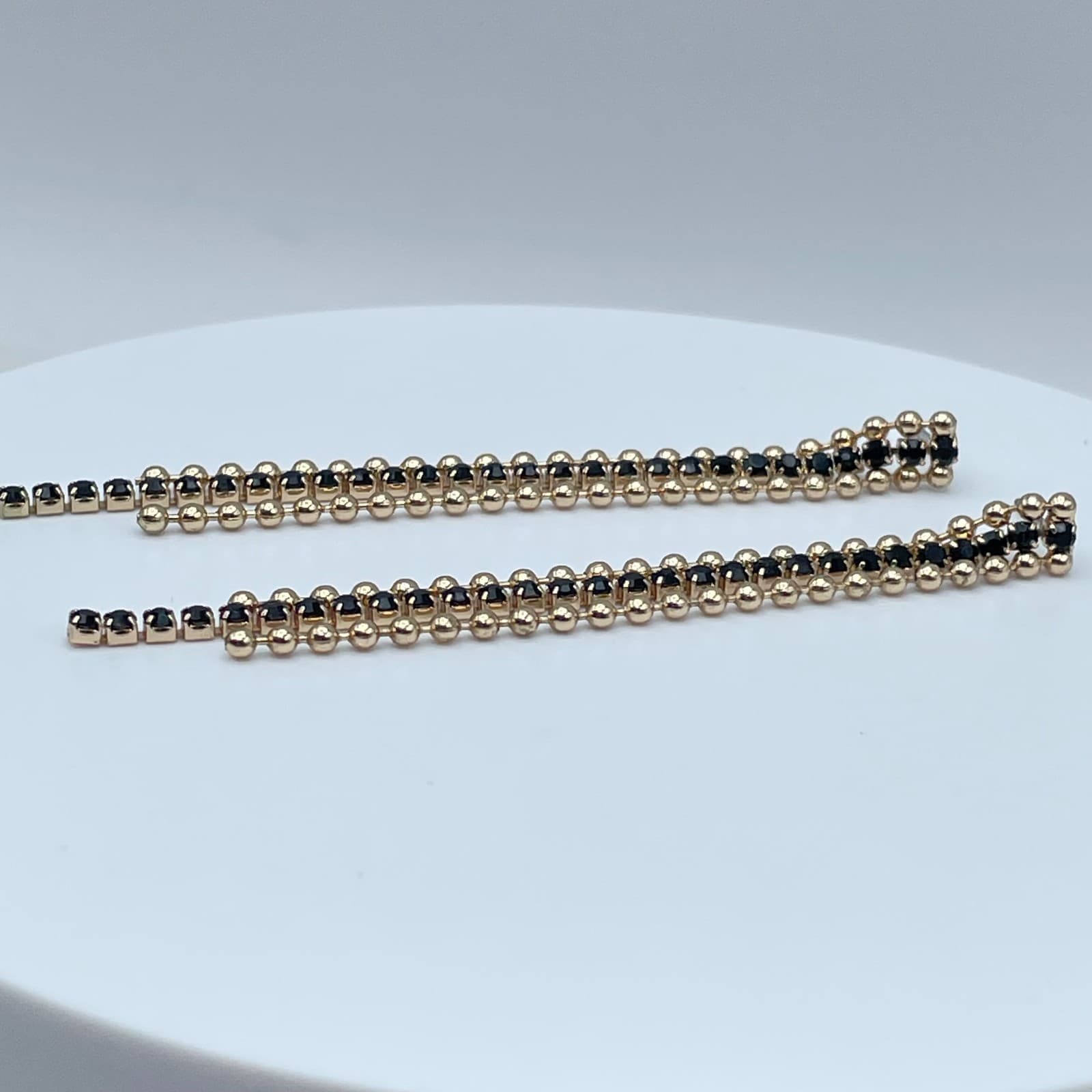 Vintage Y2K Gold Tone Triple Layer Dangle Earrings Black Rhinestone Ball Chain - Thumbnail 4