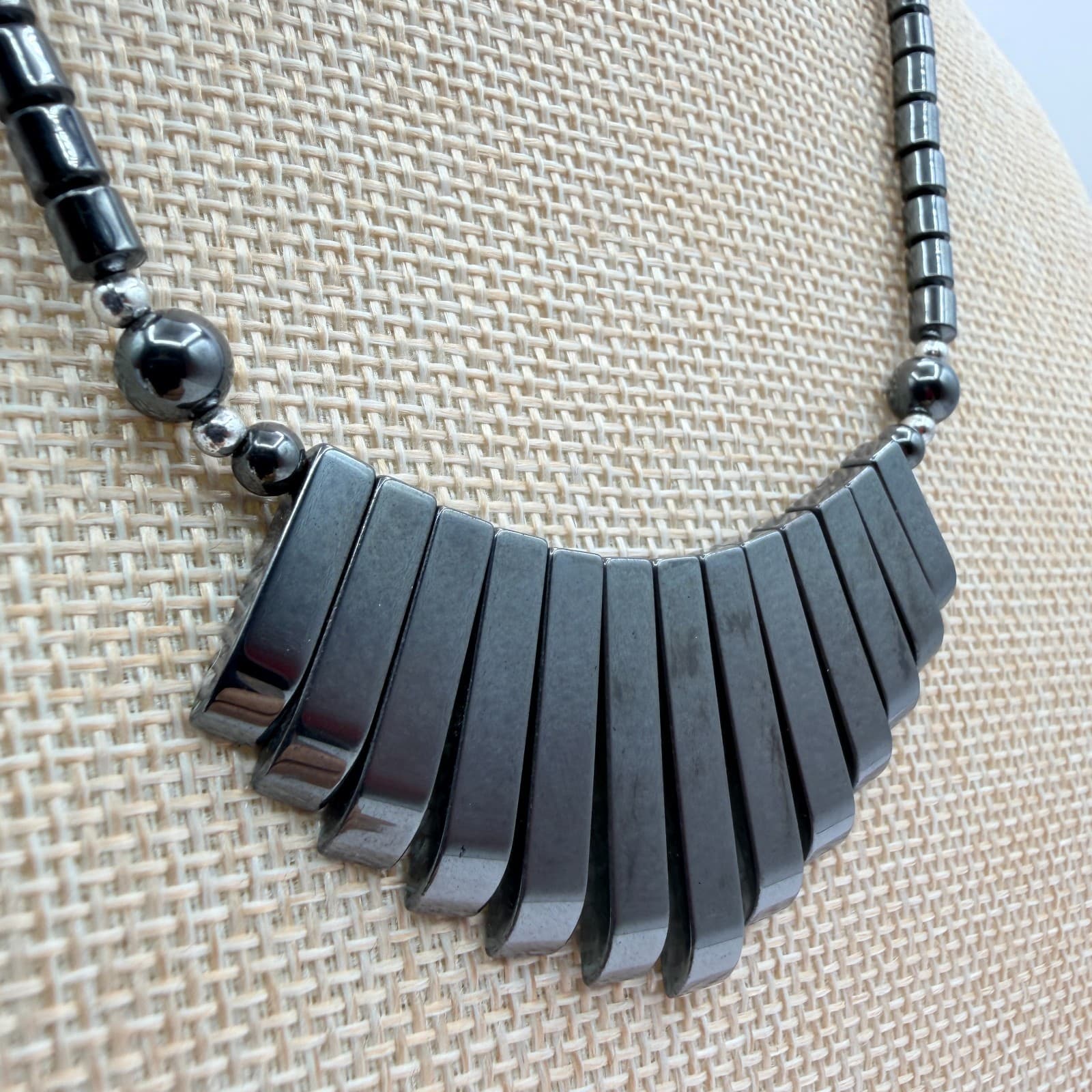 Vintage 90s Hematite Beaded Fringe Statement Necklace Boho Fashion Jewelry - Thumbnail 3