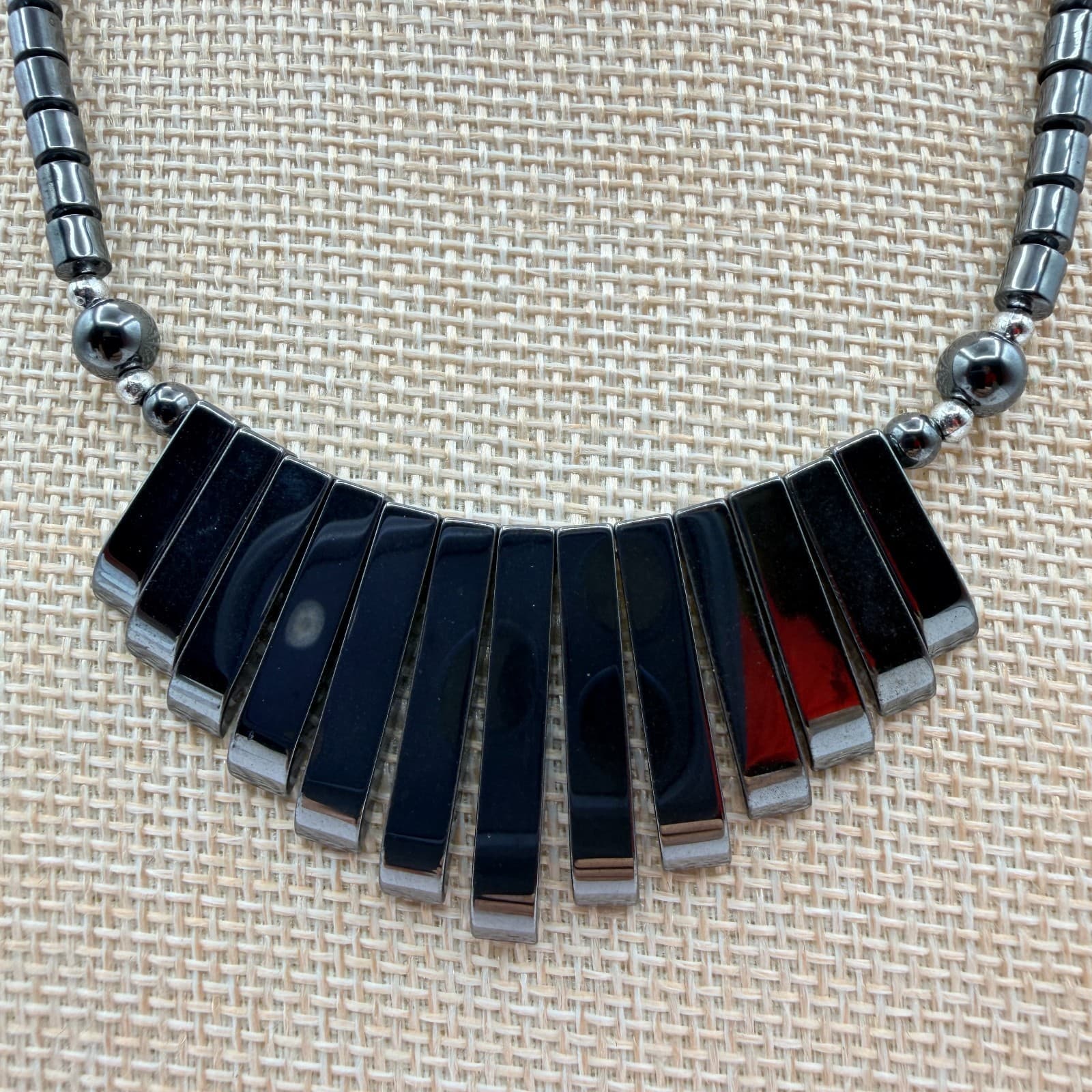 Vintage 90s Hematite Beaded Fringe Statement Necklace Boho Fashion Jewelry - Thumbnail 2