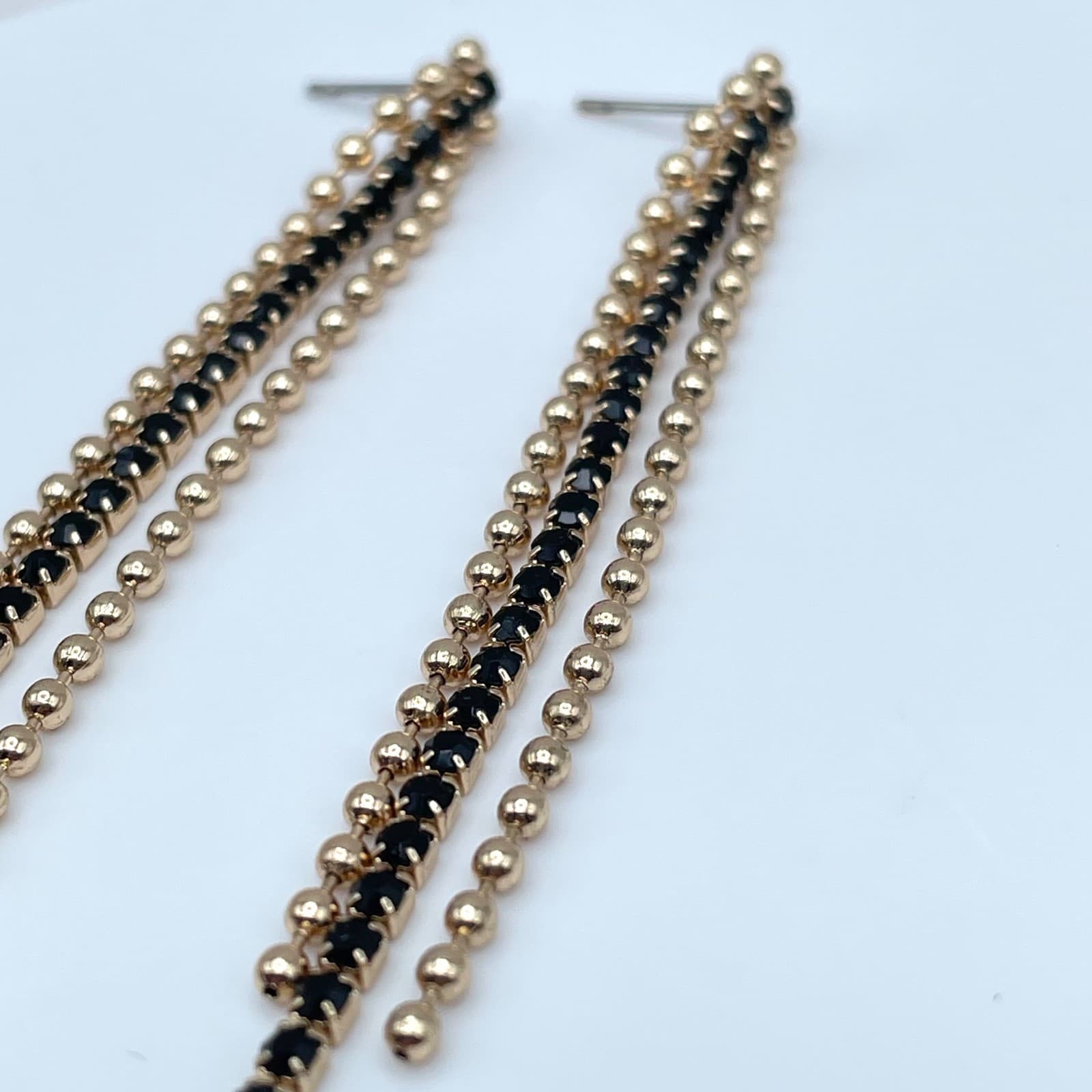 Vintage Y2K Gold Tone Triple Layer Dangle Earrings Black Rhinestone Ball Chain - Thumbnail 3