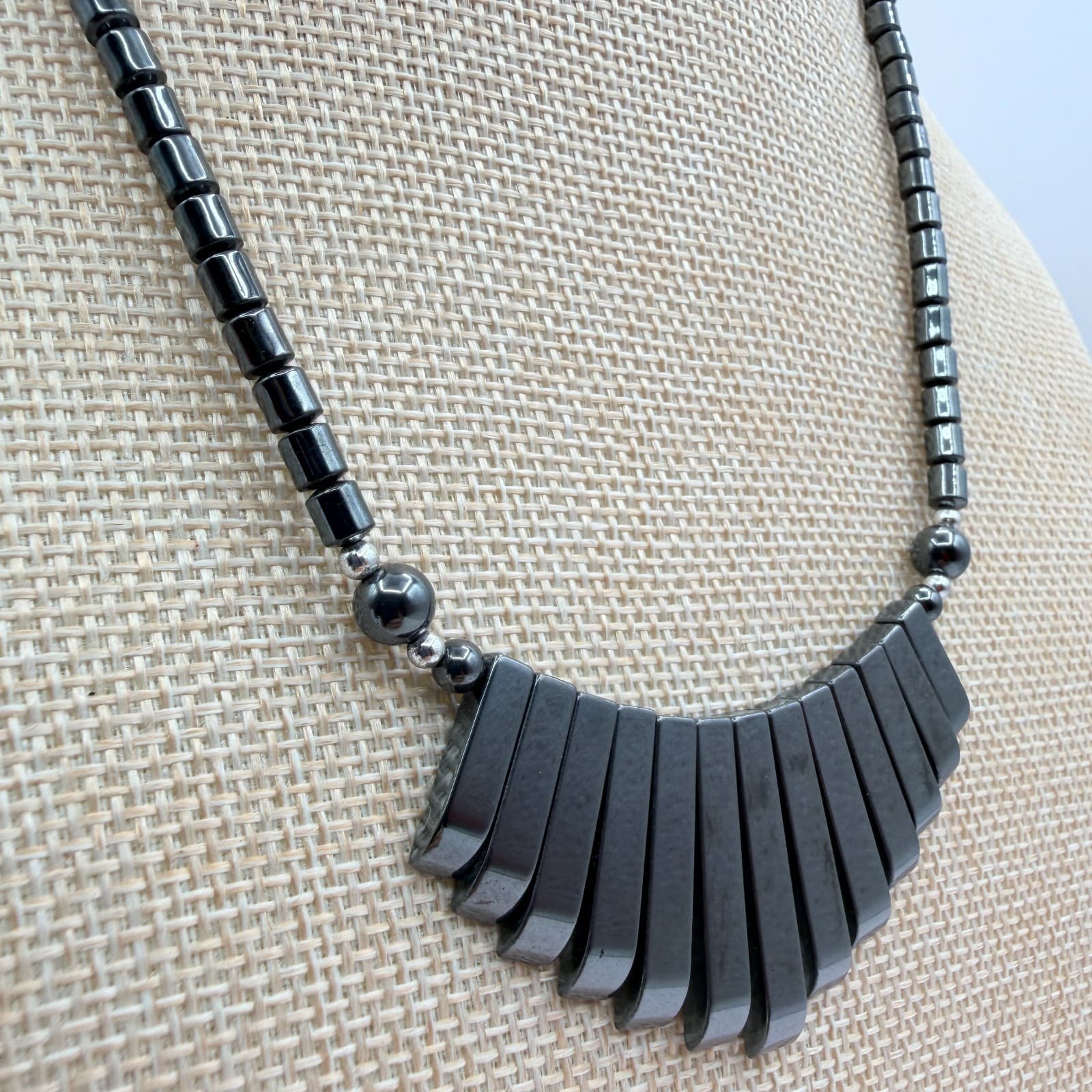 Vintage 90s Hematite Beaded Fringe Statement Necklace Boho Fashion Jewelry - Thumbnail 4