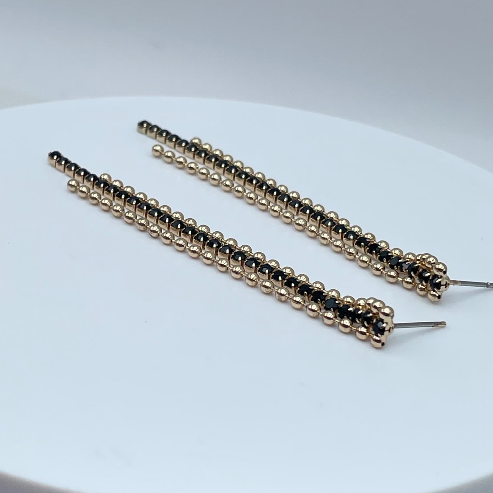 Vintage Y2K Gold Tone Triple Layer Dangle Earrings Black Rhinestone Ball Chain - Thumbnail 5