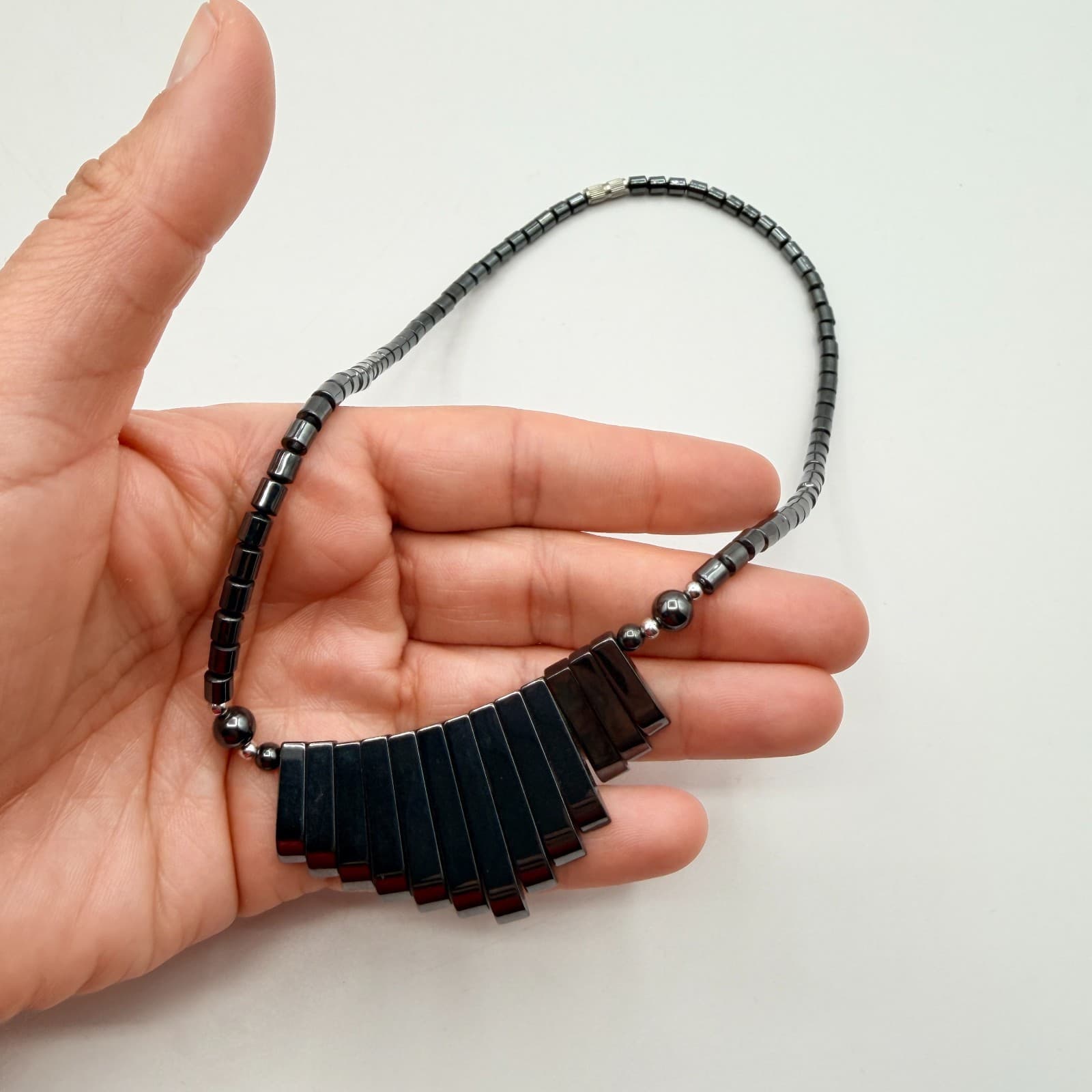 Vintage 90s Hematite Beaded Fringe Statement Necklace Boho Fashion Jewelry - Thumbnail 10