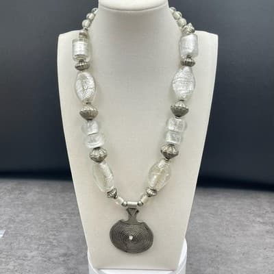 Silver-Tone Chunky Dichroic Glass Beaded Brutalist Spiral Disc Pendant Necklace - Image 1