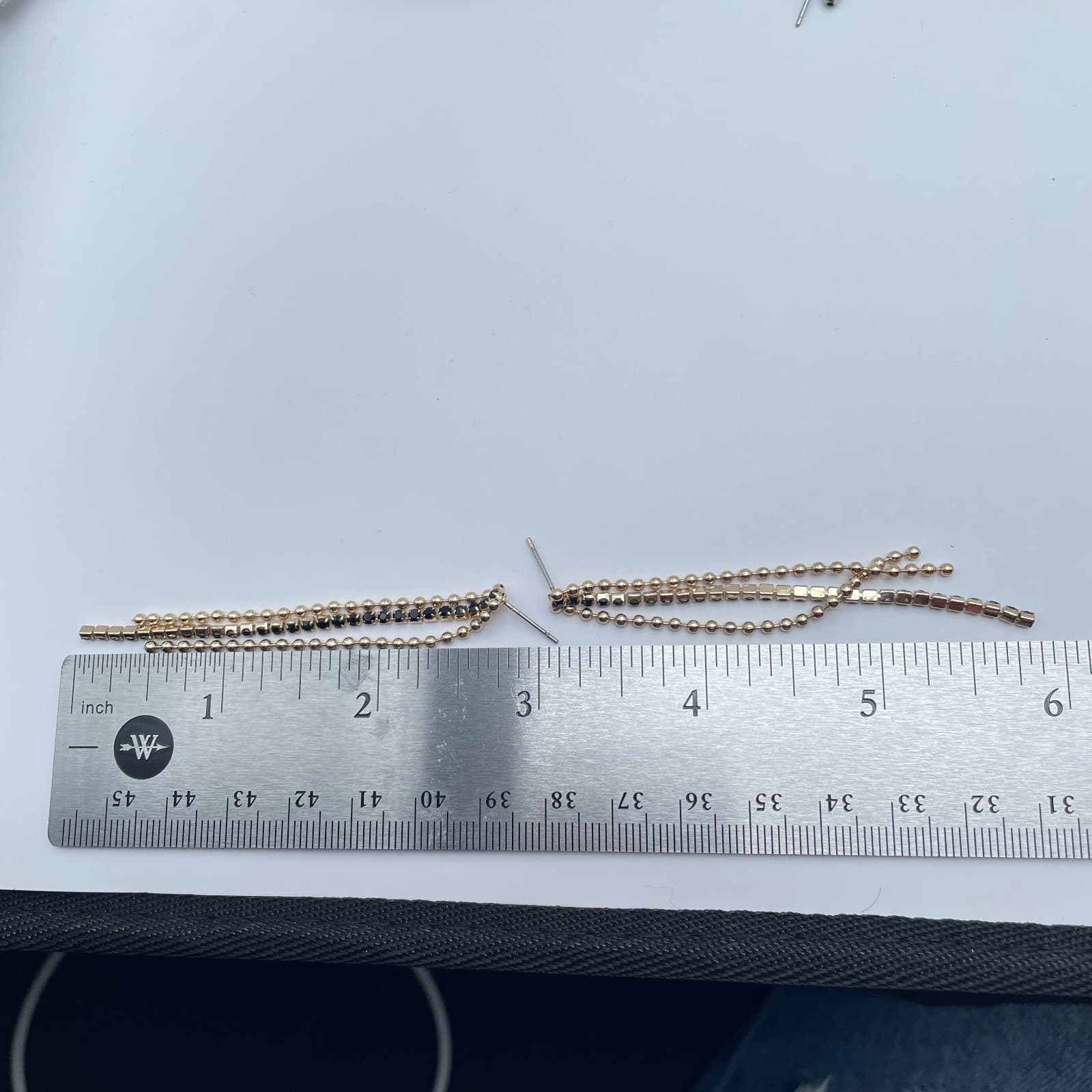 Vintage Y2K Gold Tone Triple Layer Dangle Earrings Black Rhinestone Ball Chain - Thumbnail 9