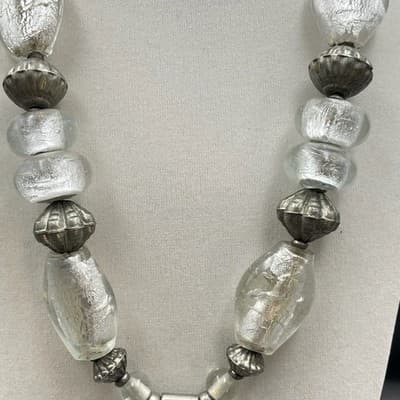 Silver-Tone Chunky Dichroic Glass Beaded Brutalist Spiral Disc Pendant Necklace - Thumbnail 4