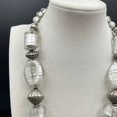 Silver-Tone Chunky Dichroic Glass Beaded Brutalist Spiral Disc Pendant Necklace - Thumbnail 3