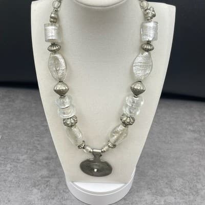 Silver-Tone Chunky Dichroic Glass Beaded Brutalist Spiral Disc Pendant Necklace - Thumbnail 2