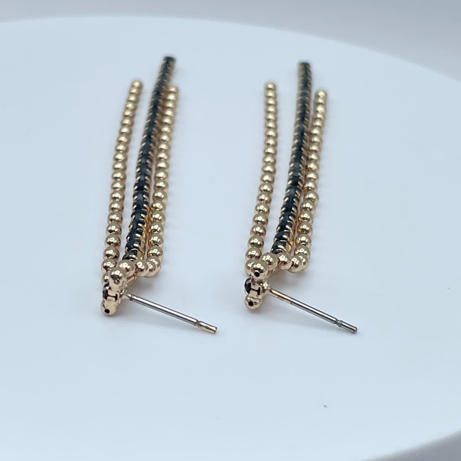 Vintage Y2K Gold Tone Triple Layer Dangle Earrings Black Rhinestone Ball Chain - Thumbnail 6