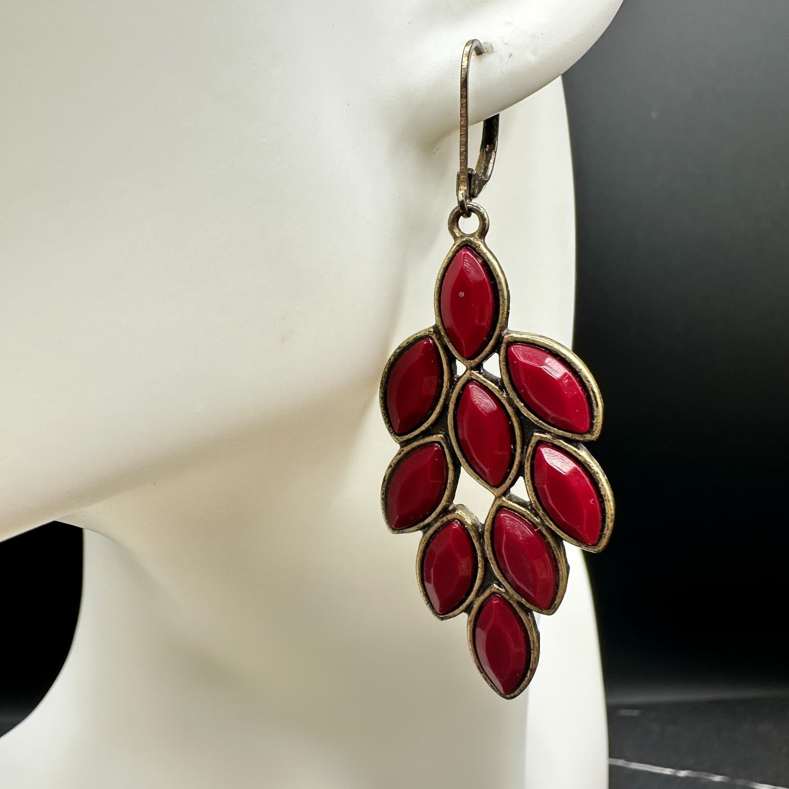 Vintage Women's Red Leaf Cabochon Bronze Metal Beauty Dangle/Drop Earrings - Thumbnail 3