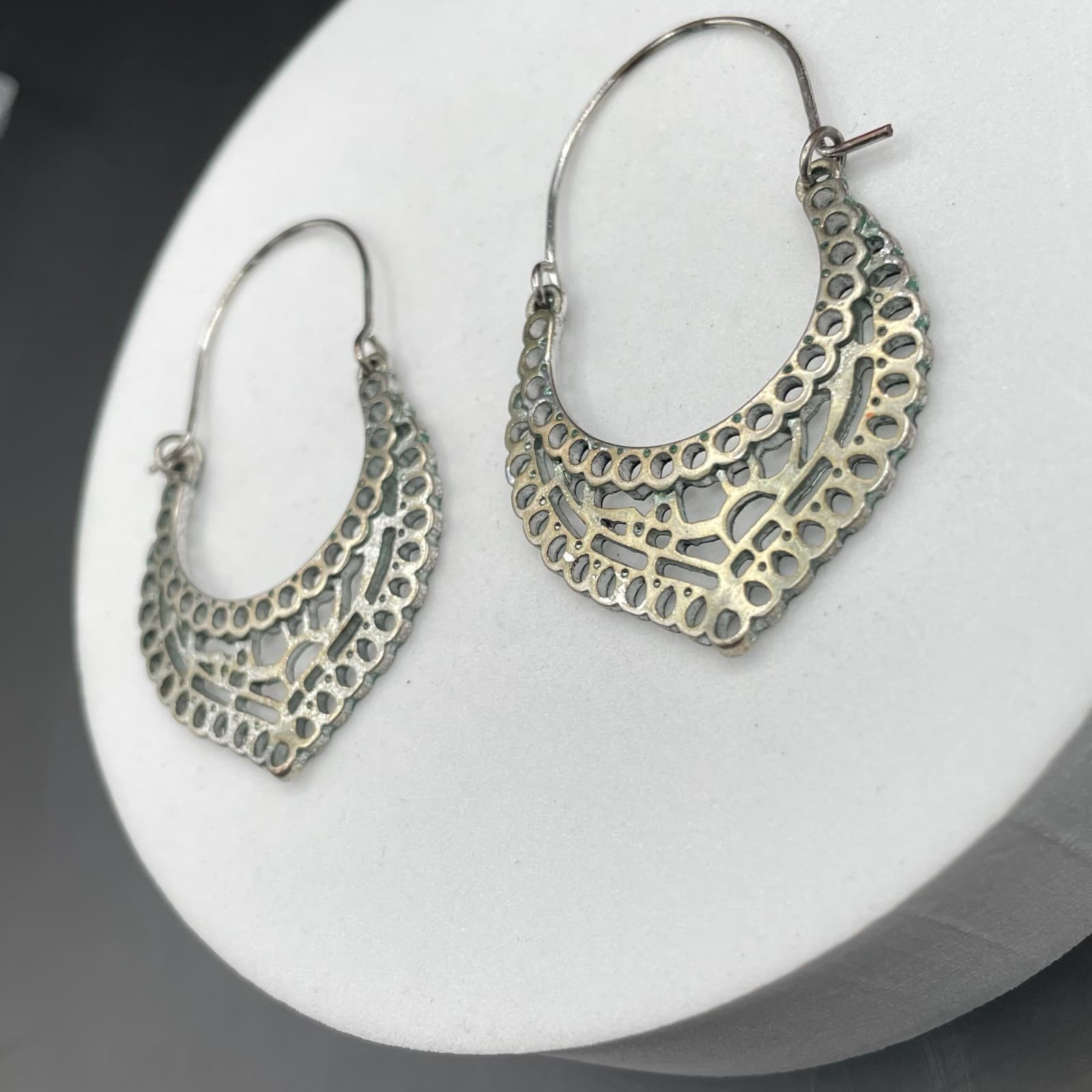 Silver Tone Filigree Crescent Hoop Earrings Boho Cutout Style - Thumbnail 3