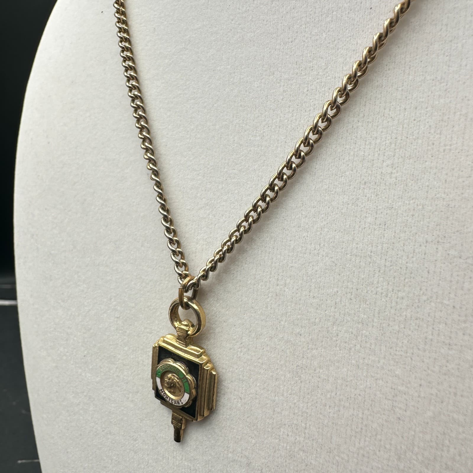 Vintage gold-tone square necklace with enamel Gardena High School Mohican emblem - Thumbnail 6