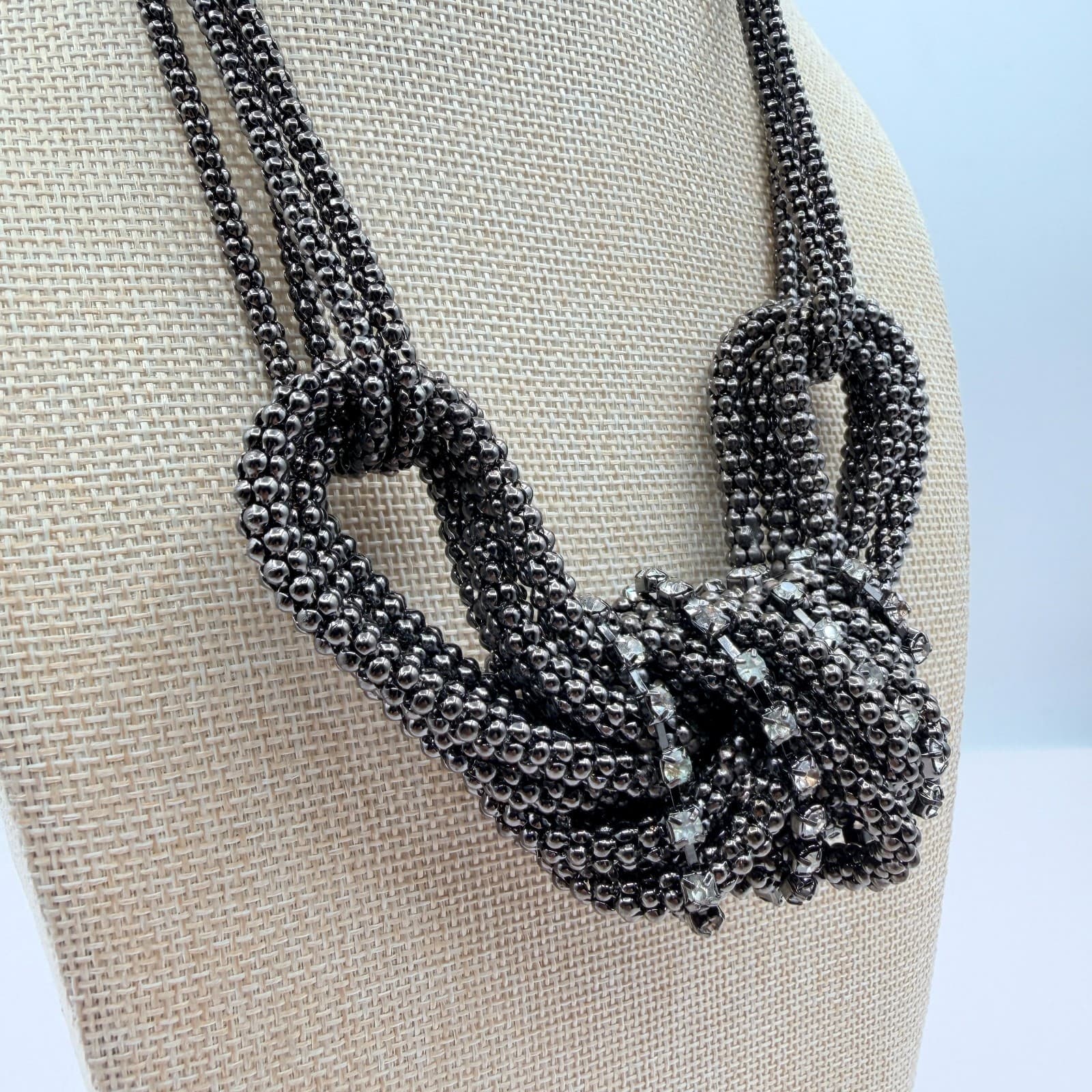 Vintage 90s Gunmetal Tone Multi Strand Rhinestone Knot Necklace Women's Jewelry - Thumbnail 5