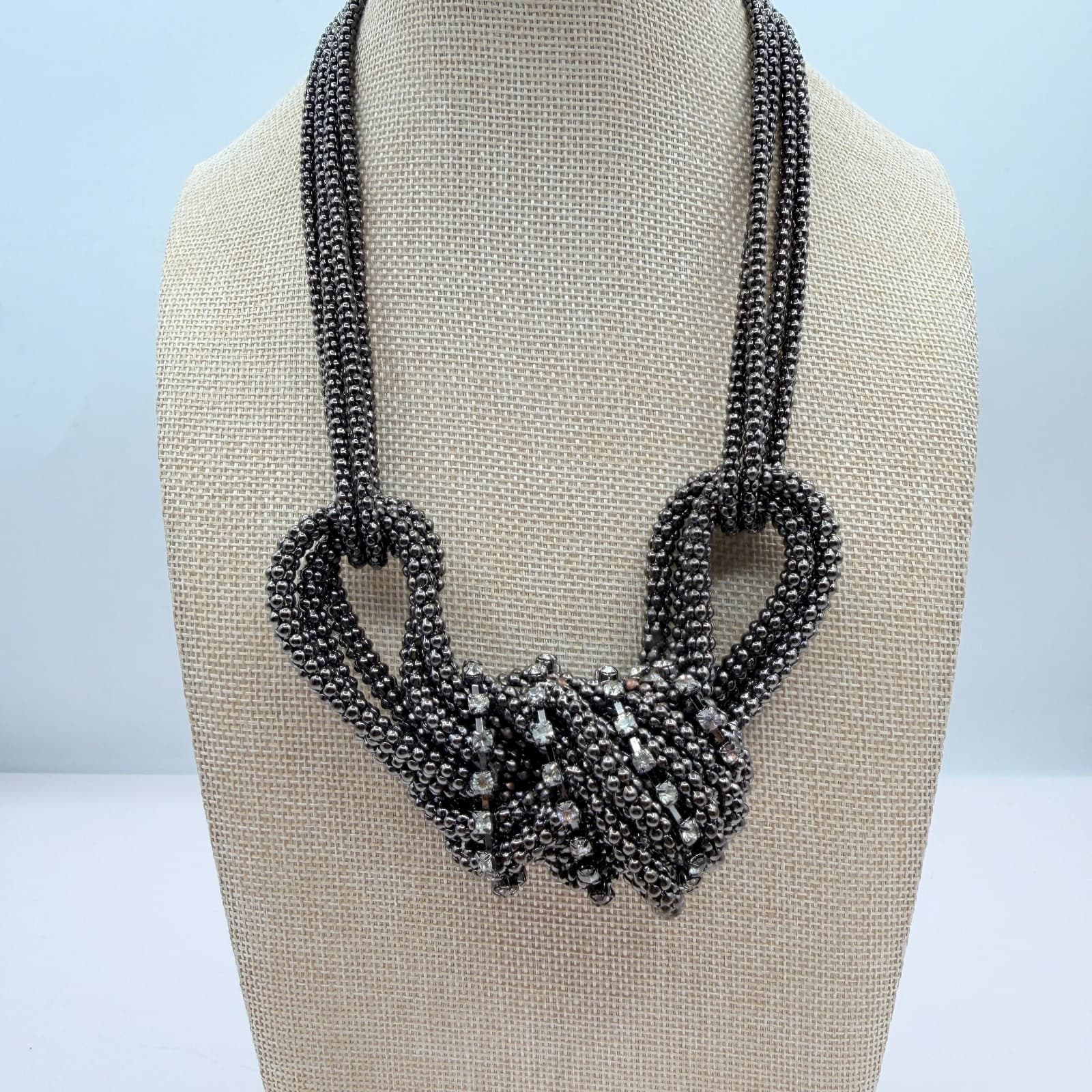 Vintage 90s Gunmetal Tone Multi Strand Rhinestone Knot Necklace Women's Jewelry - Thumbnail 3