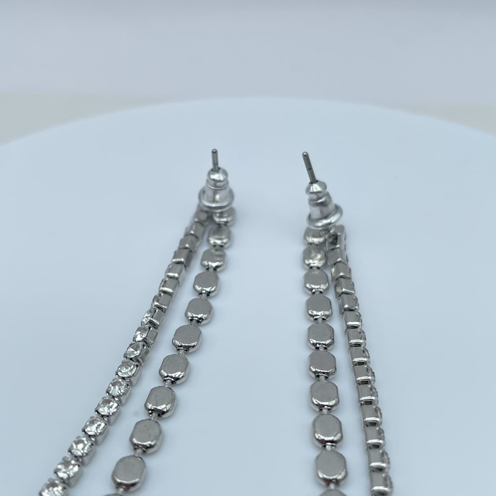 Vintage Y2K Silver Tone Double Strand Clear Rhinestone Tennis Dangle Earrings - Thumbnail 2