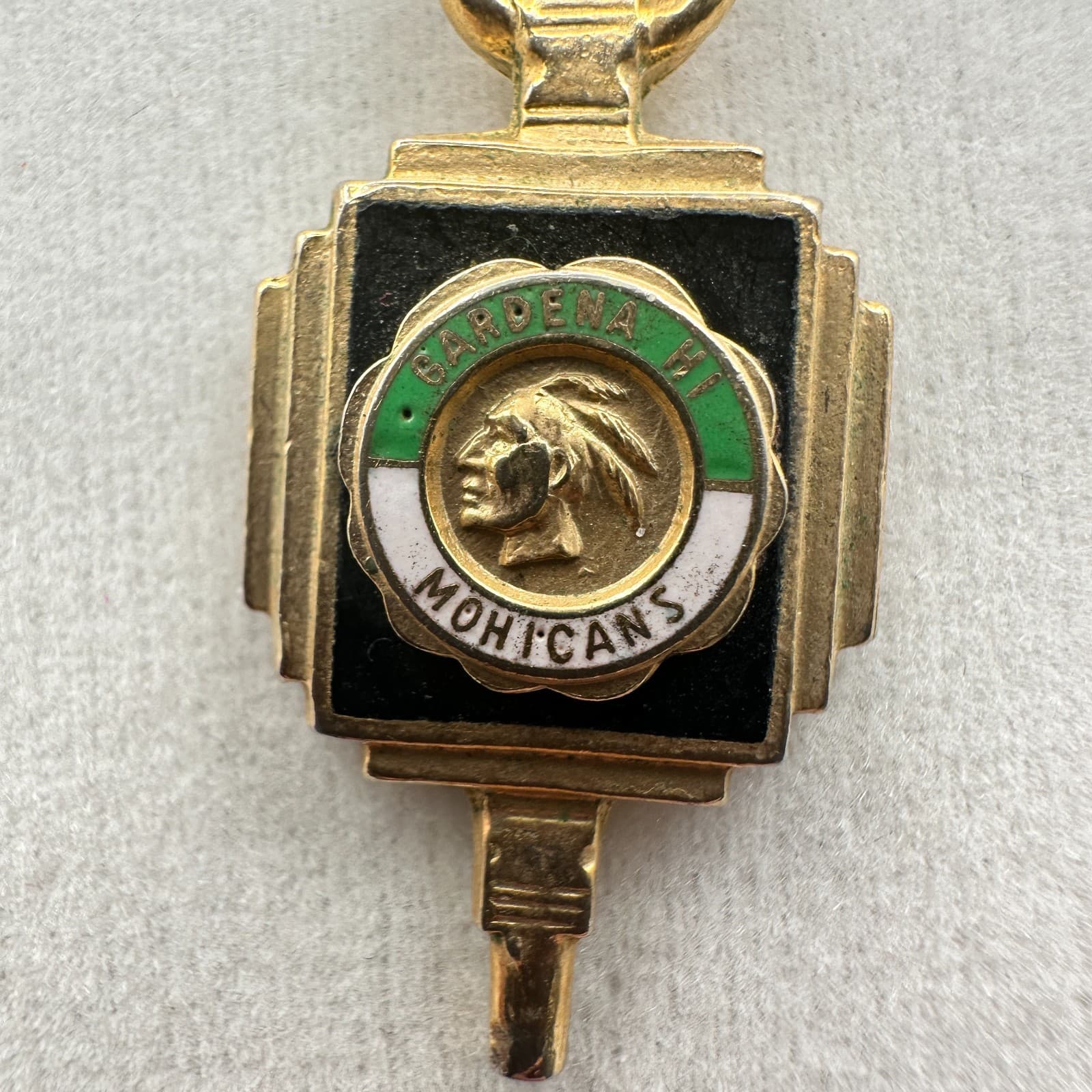 Vintage gold-tone square necklace with enamel Gardena High School Mohican emblem - Thumbnail 3