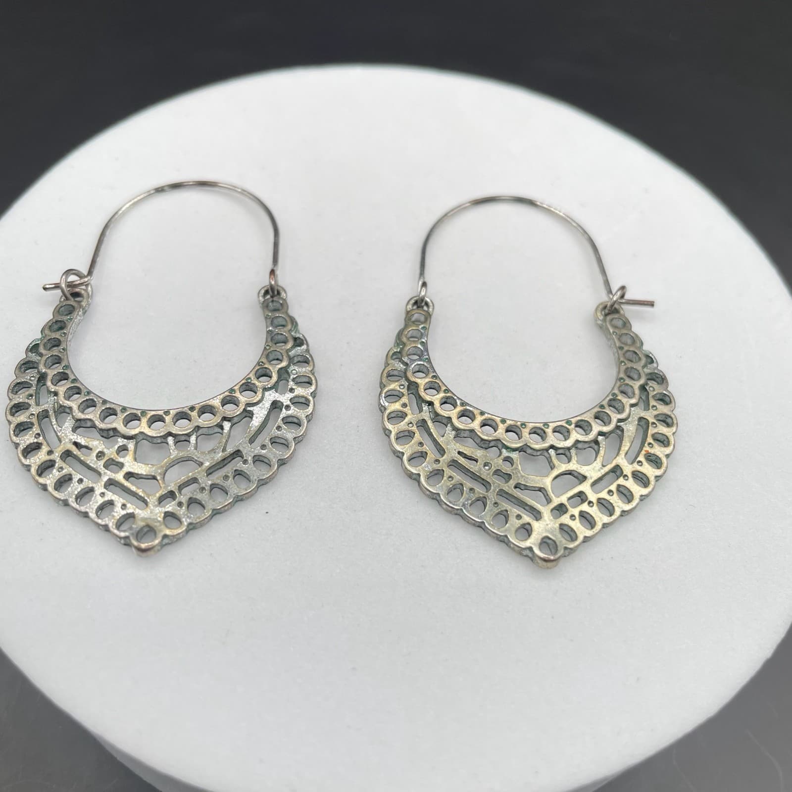 Silver Tone Filigree Crescent Hoop Earrings Boho Cutout Style - Image 1