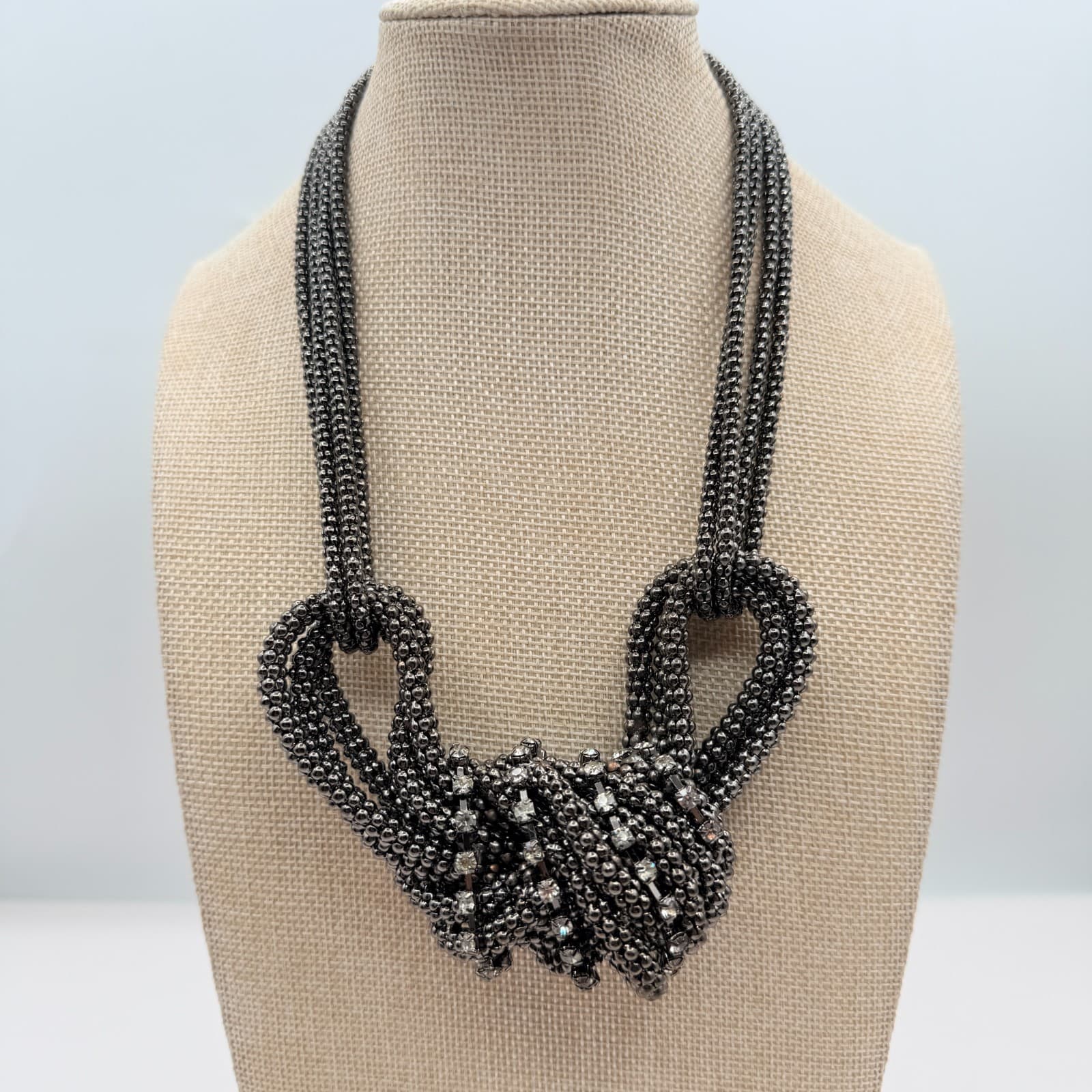Vintage 90s Gunmetal Tone Multi Strand Rhinestone Knot Necklace Women's Jewelry - Thumbnail 7