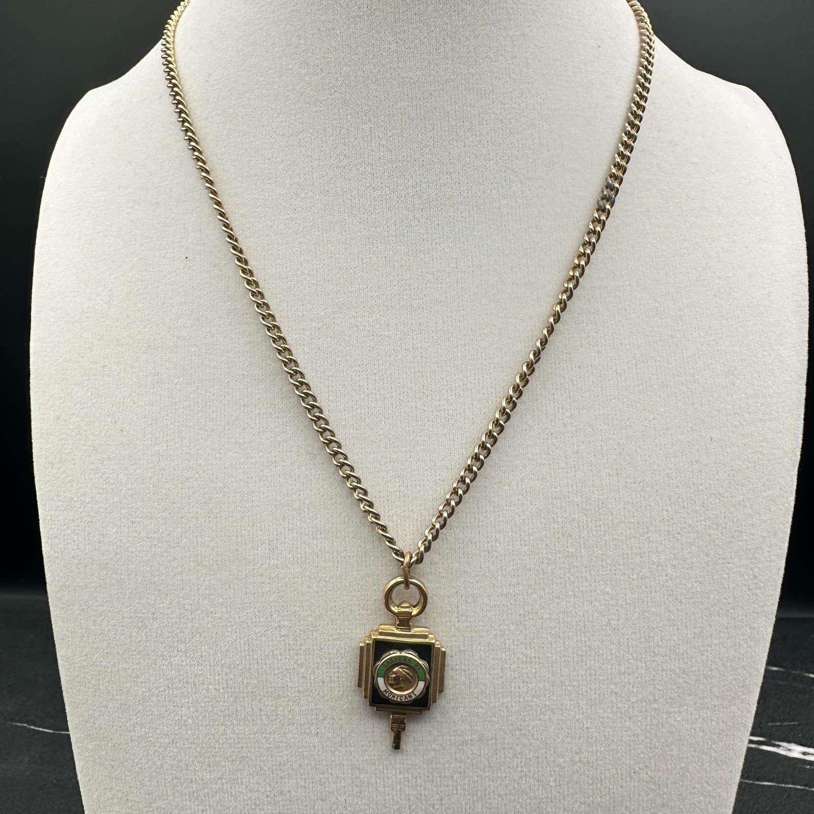 Vintage gold-tone square necklace with enamel Gardena High School Mohican emblem - Thumbnail 2