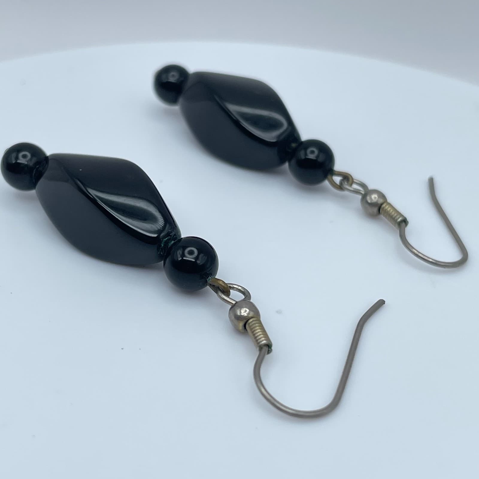 Vintage 90s Black Onyx Beaded Silver Tone Dangle Earrings Boho Women's Jewelry - Thumbnail 3