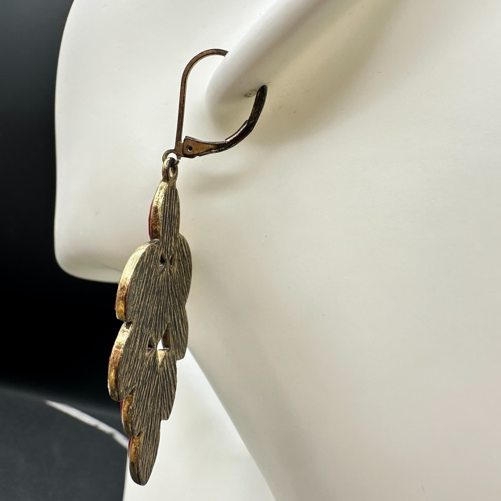 Vintage Women's Red Leaf Cabochon Bronze Metal Beauty Dangle/Drop Earrings - Thumbnail 7