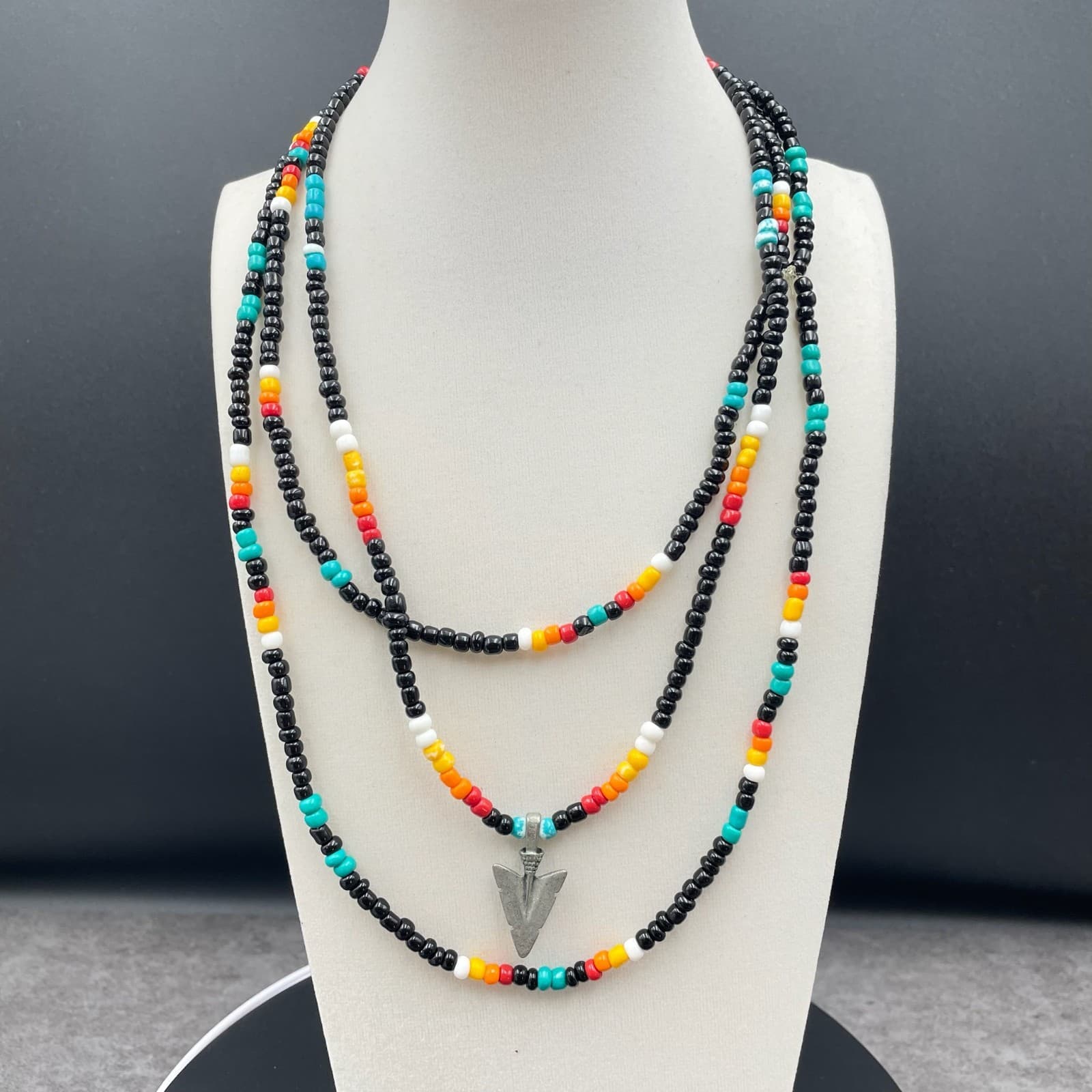 Black Teal American Native Glass Beads Multi-Strand Arrowhead Pendant Necklace - Image 1