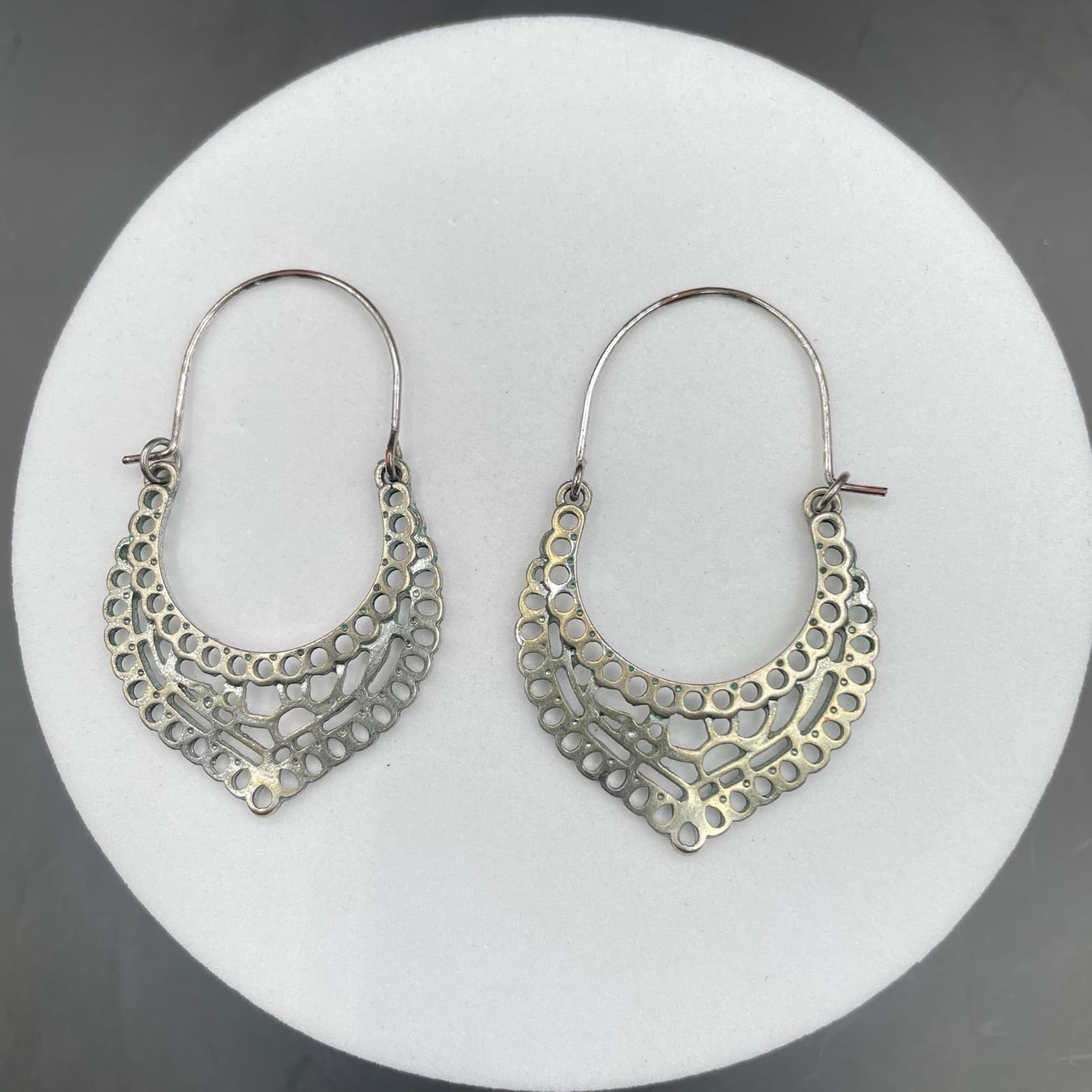 Silver Tone Filigree Crescent Hoop Earrings Boho Cutout Style - Thumbnail 5