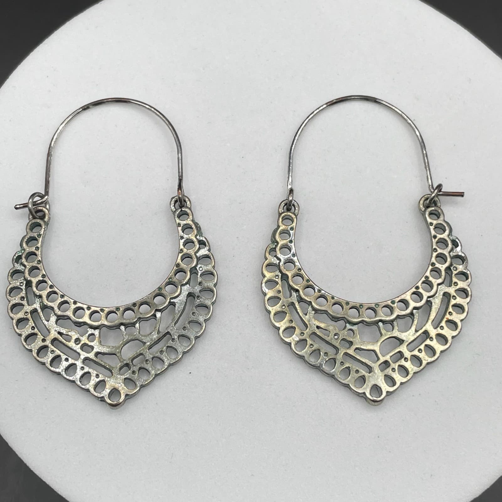 Silver Tone Filigree Crescent Hoop Earrings Boho Cutout Style - Thumbnail 2