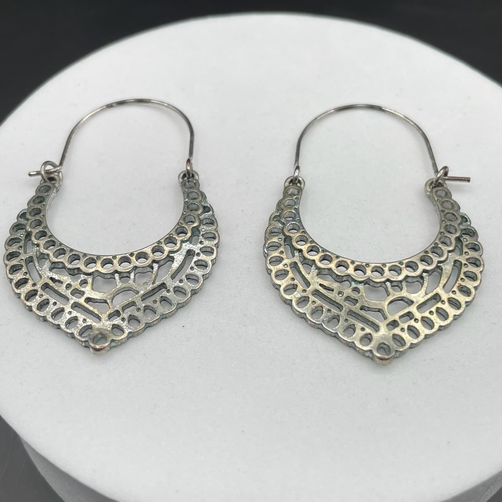 Silver Tone Filigree Crescent Hoop Earrings Boho Cutout Style - Thumbnail 4
