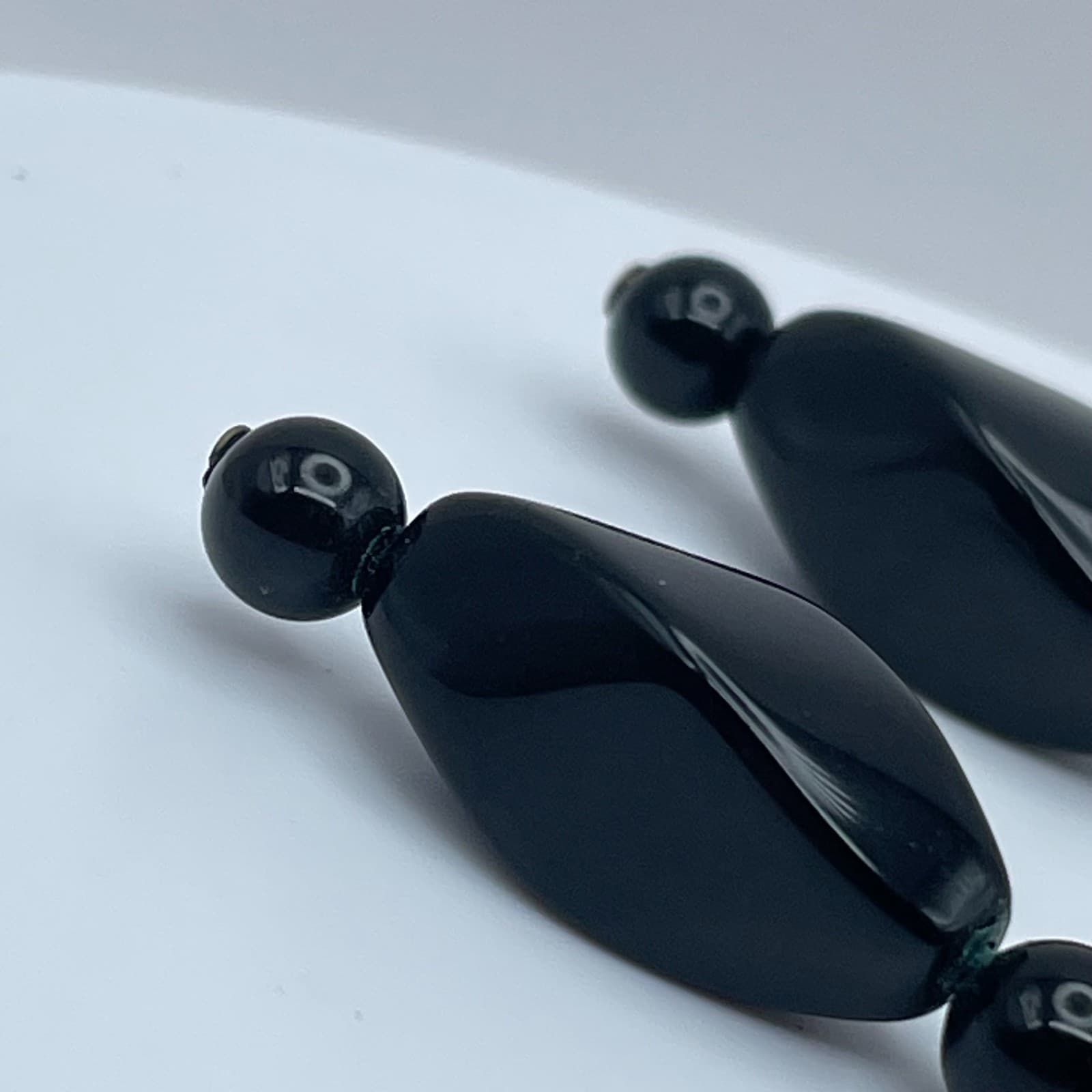 Vintage 90s Black Onyx Beaded Silver Tone Dangle Earrings Boho Women's Jewelry - Thumbnail 4