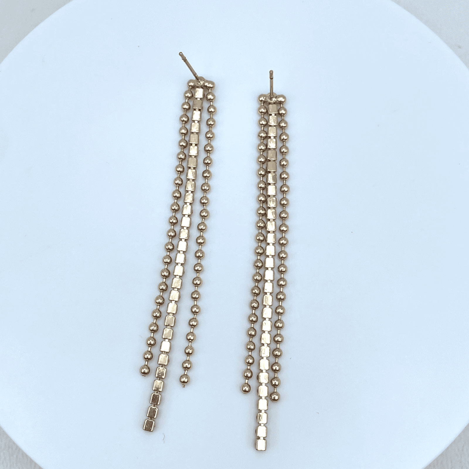 Vintage Y2K Gold Tone Triple Layer Dangle Earrings Black Rhinestone Ball Chain - Image 1