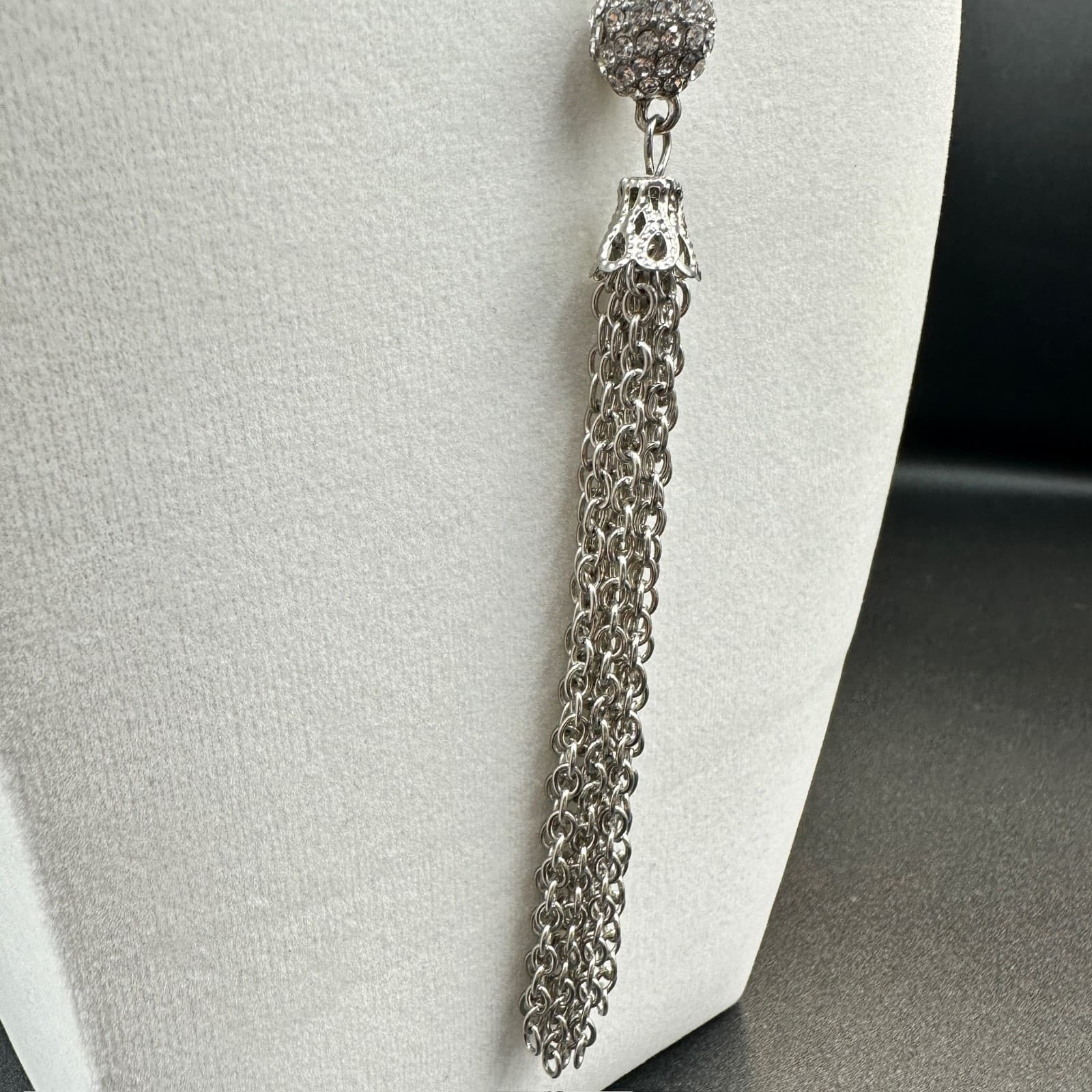 Vintage Rhinestone Silver-Tone 'S' Monogram Tassel Drop Fashion Pendant Necklace - Thumbnail 4
