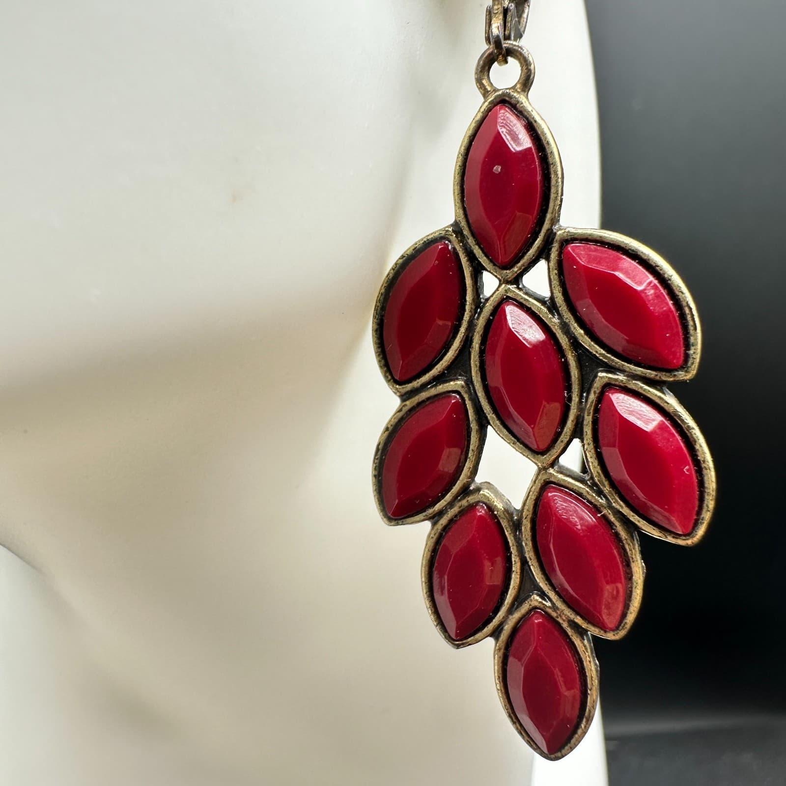 Vintage Women's Red Leaf Cabochon Bronze Metal Beauty Dangle/Drop Earrings - Thumbnail 4