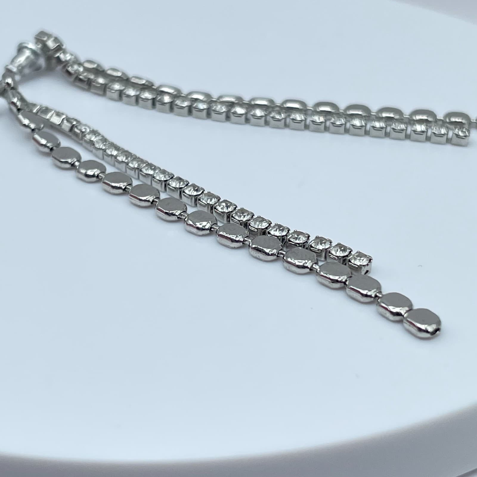 Vintage Y2K Silver Tone Double Strand Clear Rhinestone Tennis Dangle Earrings - Thumbnail 6