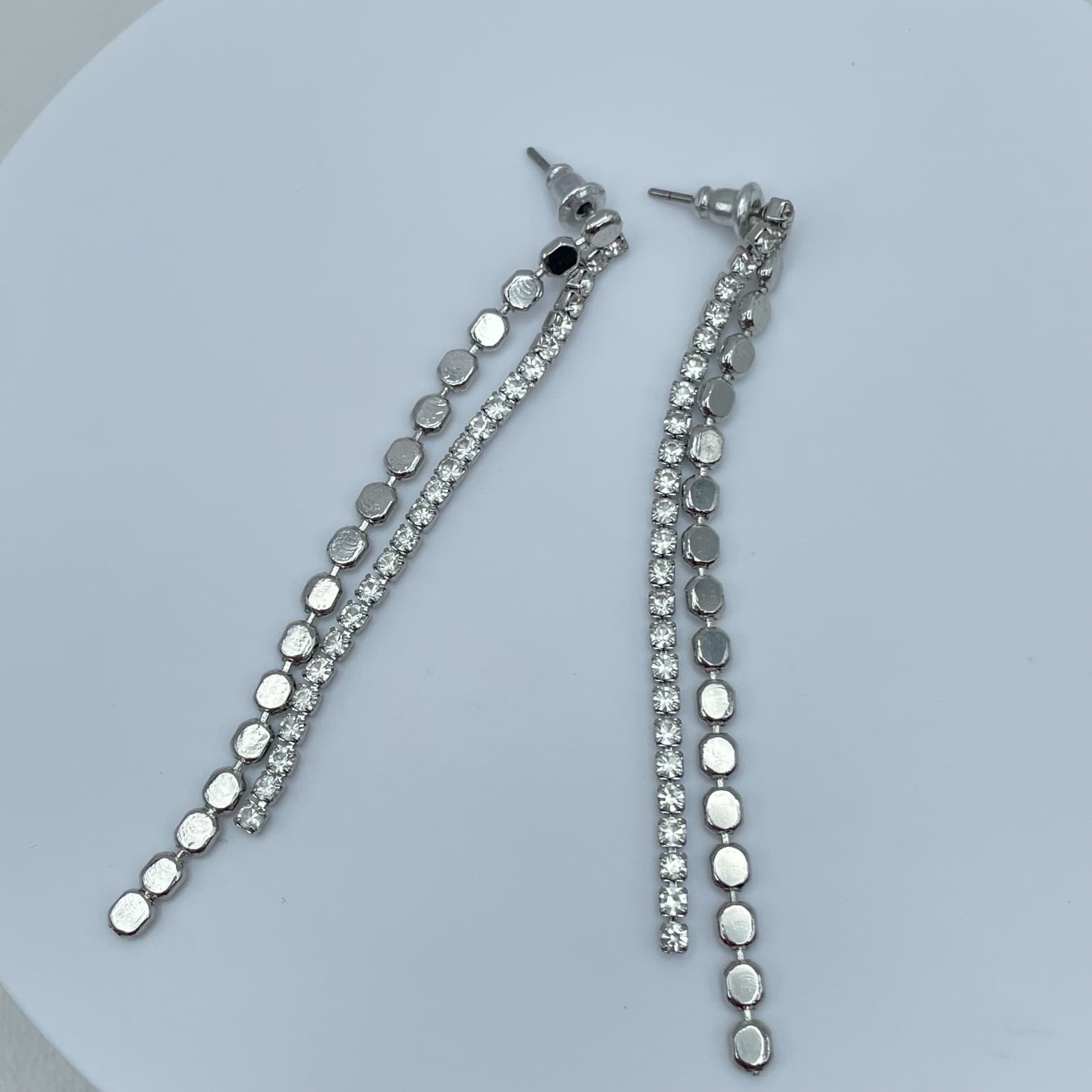 Vintage Y2K Silver Tone Double Strand Clear Rhinestone Tennis Dangle Earrings - Thumbnail 3