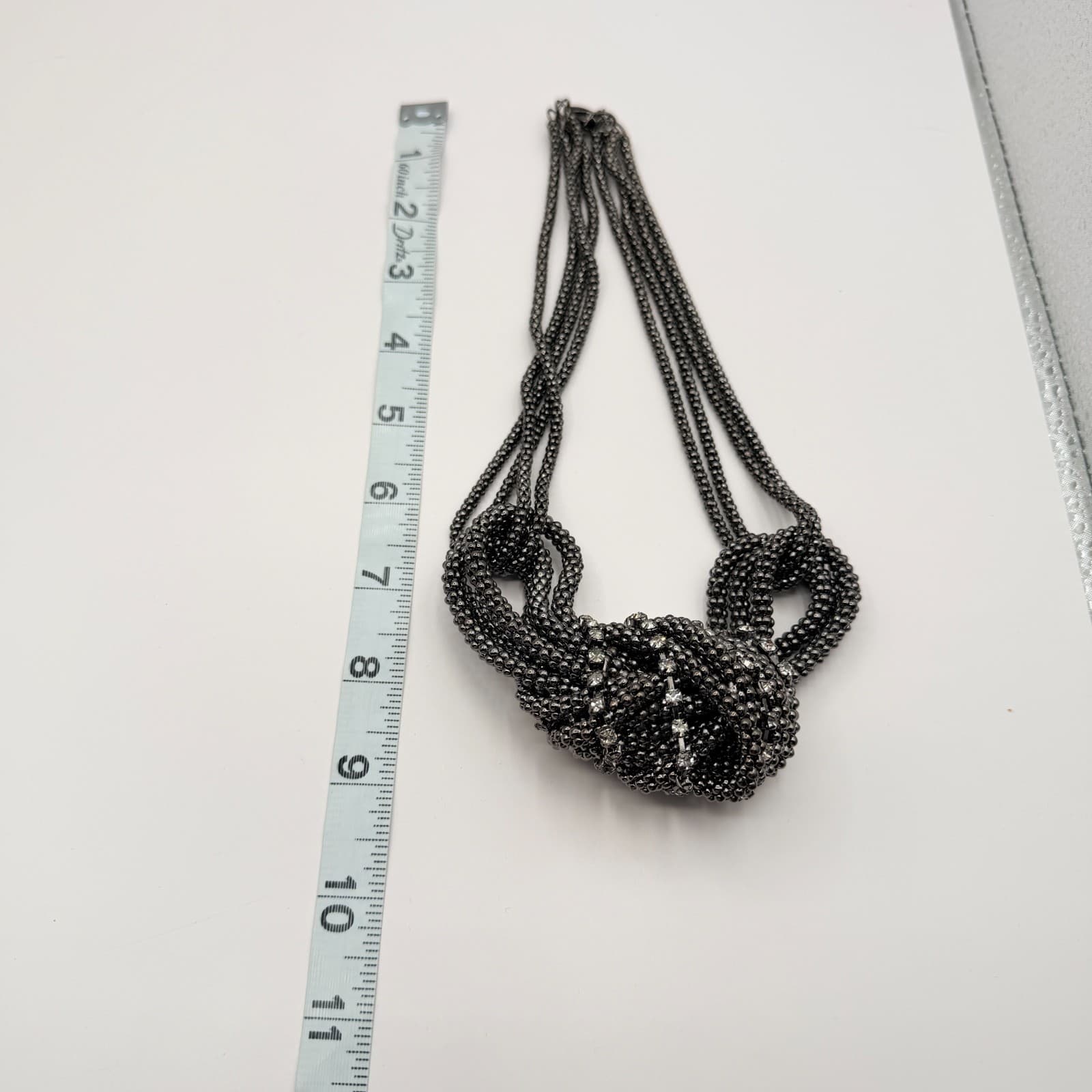 Vintage 90s Gunmetal Tone Multi Strand Rhinestone Knot Necklace Women's Jewelry - Thumbnail 10