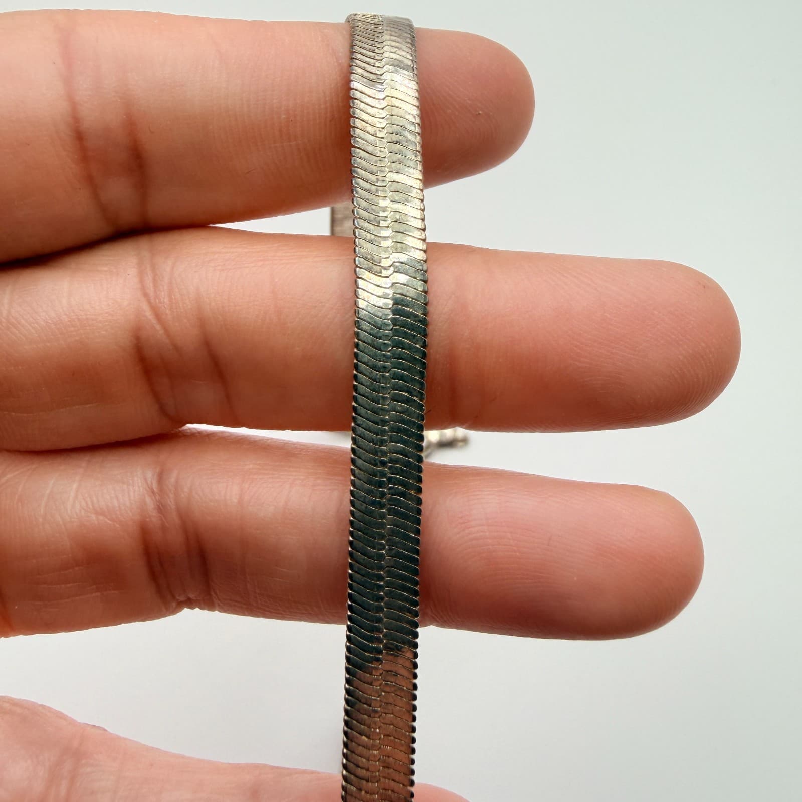 Vintage 80s Silver Tone Herringbone Snake Chain Necklace Korea Flat Link Jewelry - Thumbnail 9