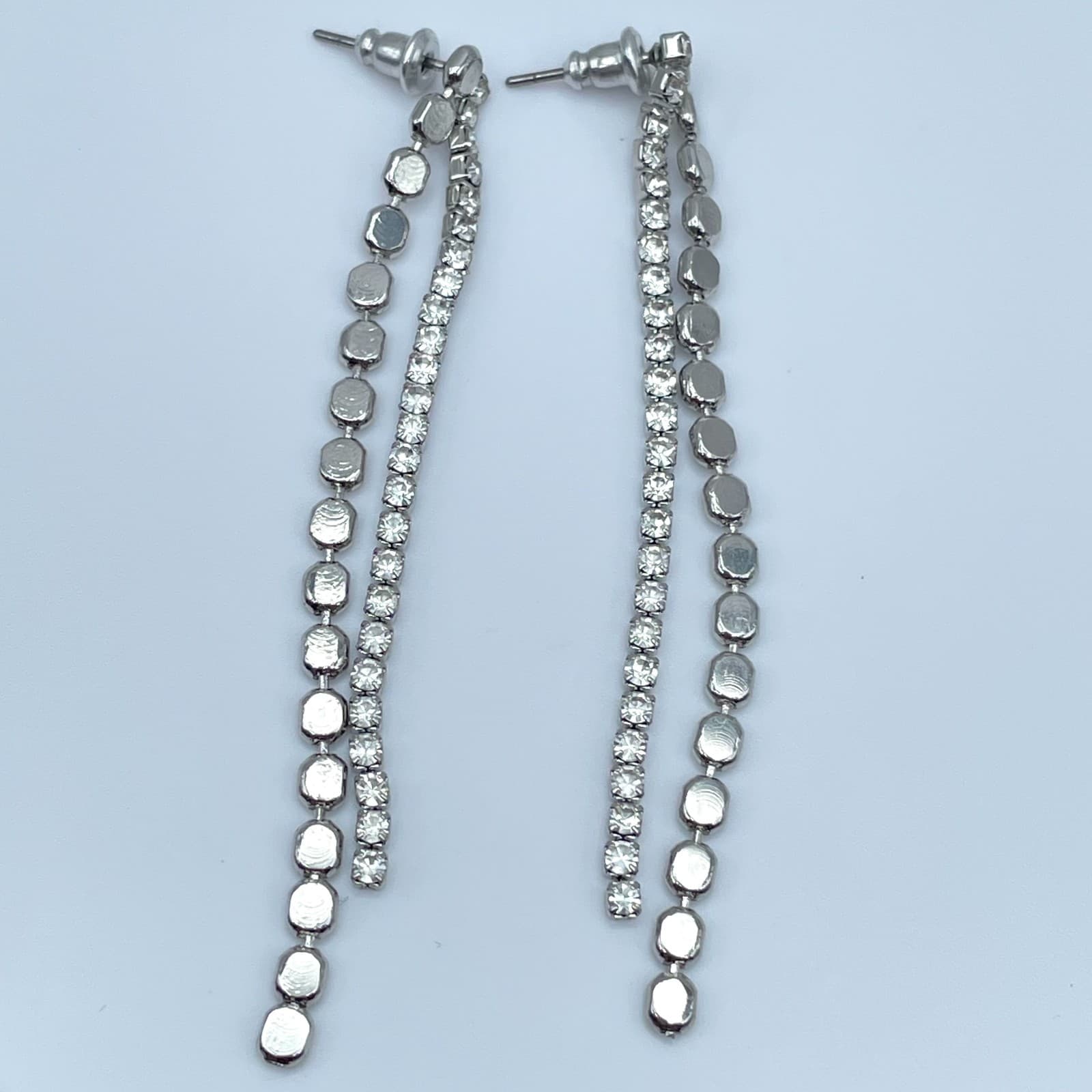 Vintage Y2K Silver Tone Double Strand Clear Rhinestone Tennis Dangle Earrings - Thumbnail 8