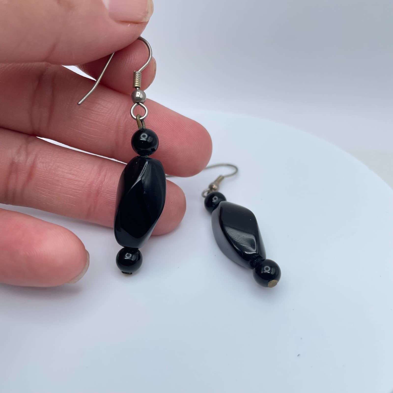Vintage 90s Black Onyx Beaded Silver Tone Dangle Earrings Boho Women's Jewelry - Thumbnail 5