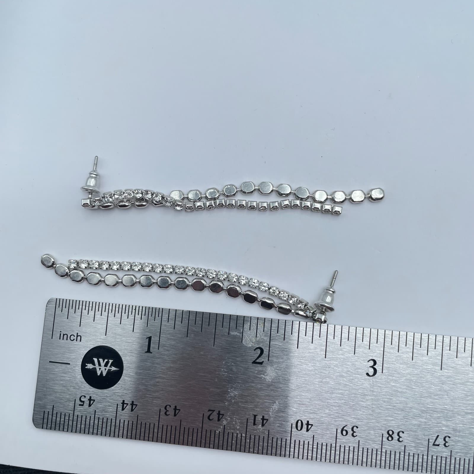 Vintage Y2K Silver Tone Double Strand Clear Rhinestone Tennis Dangle Earrings - Thumbnail 9