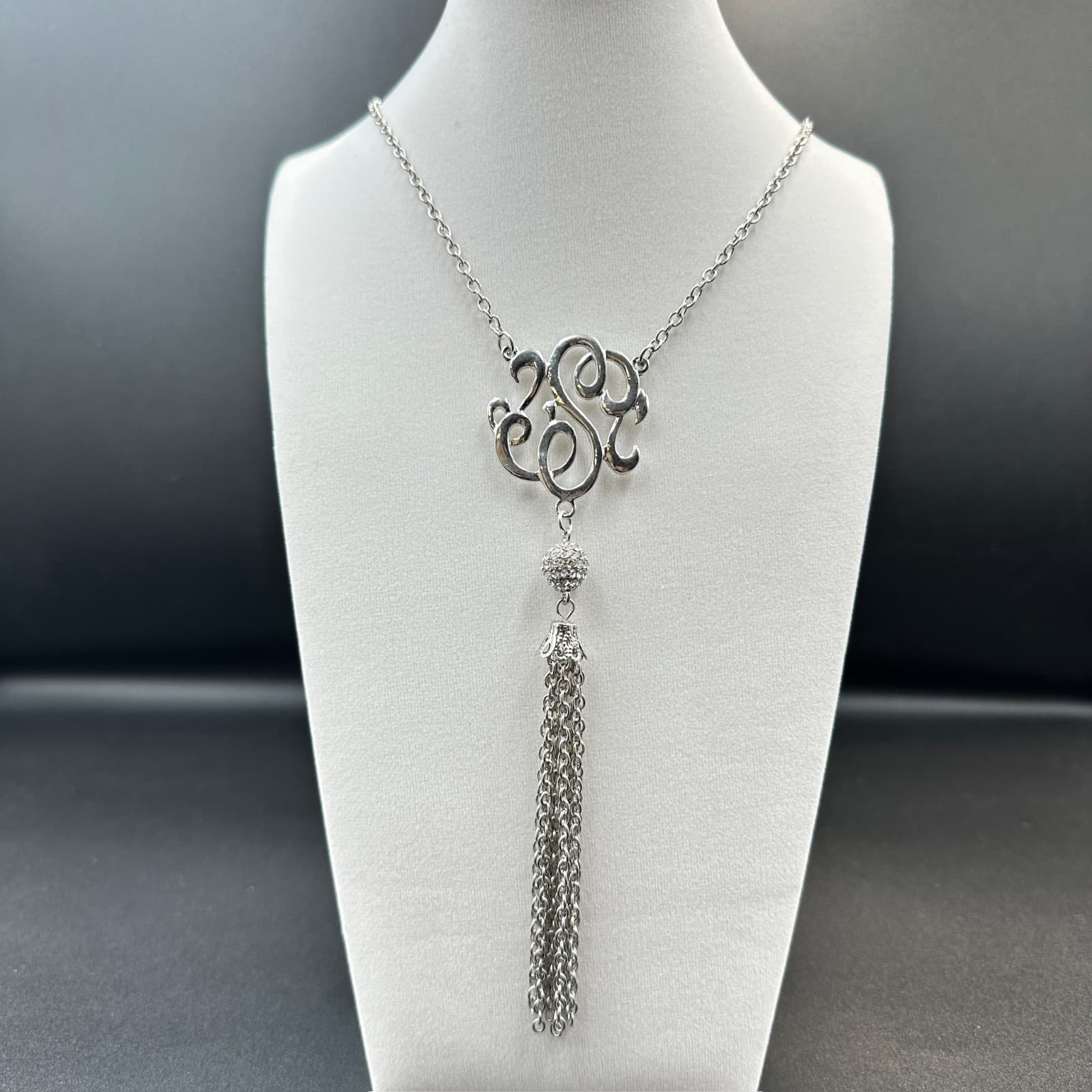 Vintage Rhinestone Silver-Tone 'S' Monogram Tassel Drop Fashion Pendant Necklace - Image 1