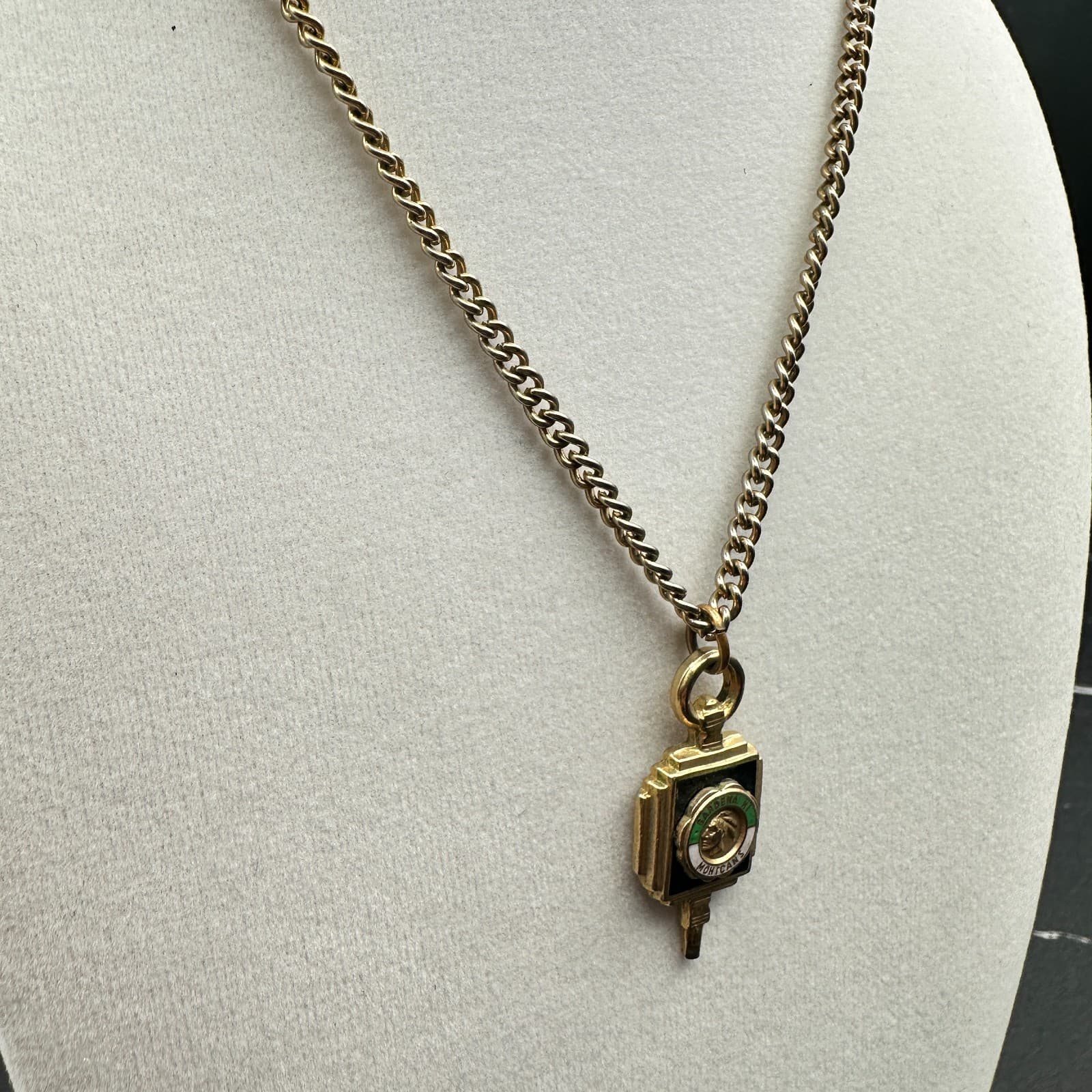 Vintage gold-tone square necklace with enamel Gardena High School Mohican emblem - Thumbnail 5