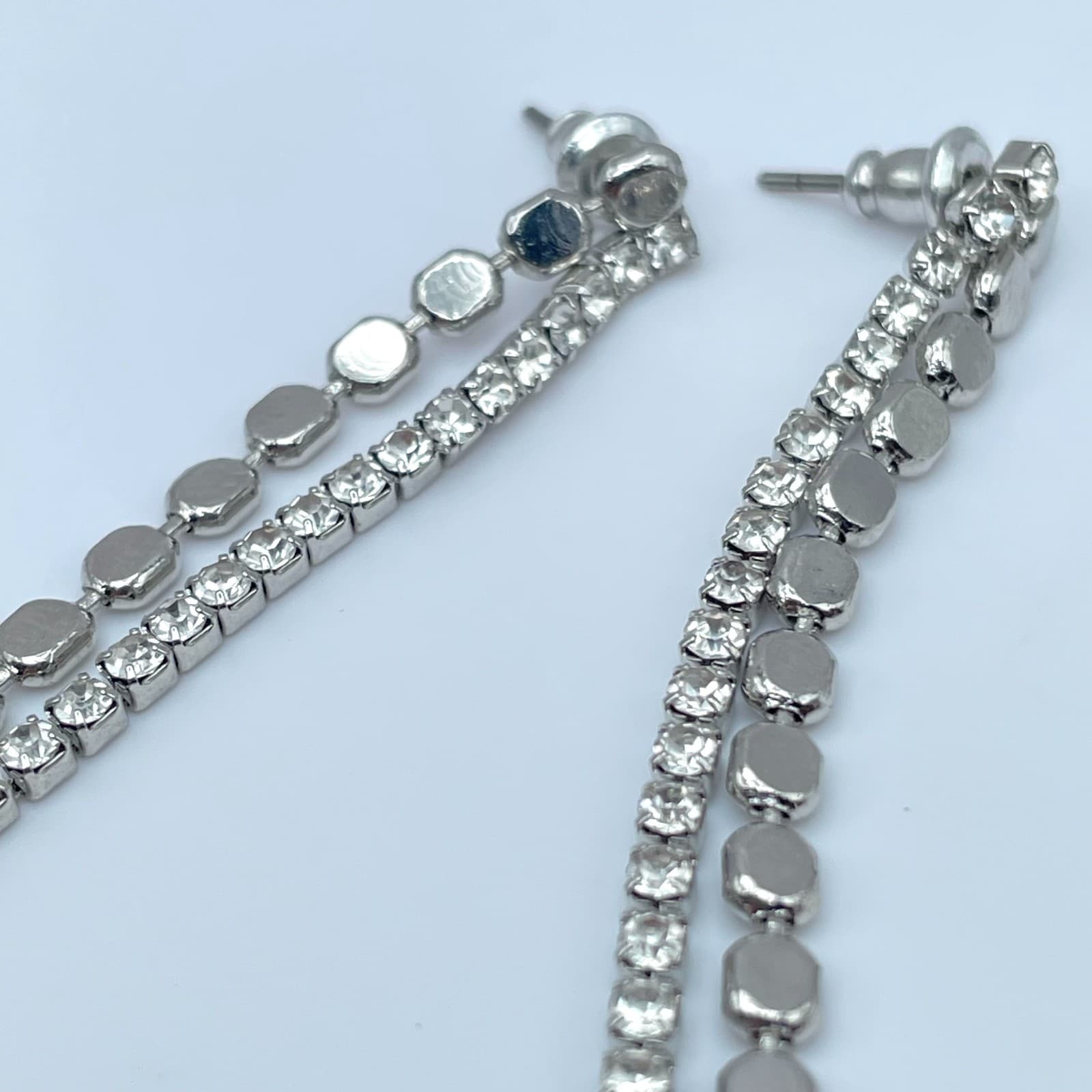 Vintage Y2K Silver Tone Double Strand Clear Rhinestone Tennis Dangle Earrings - Thumbnail 4