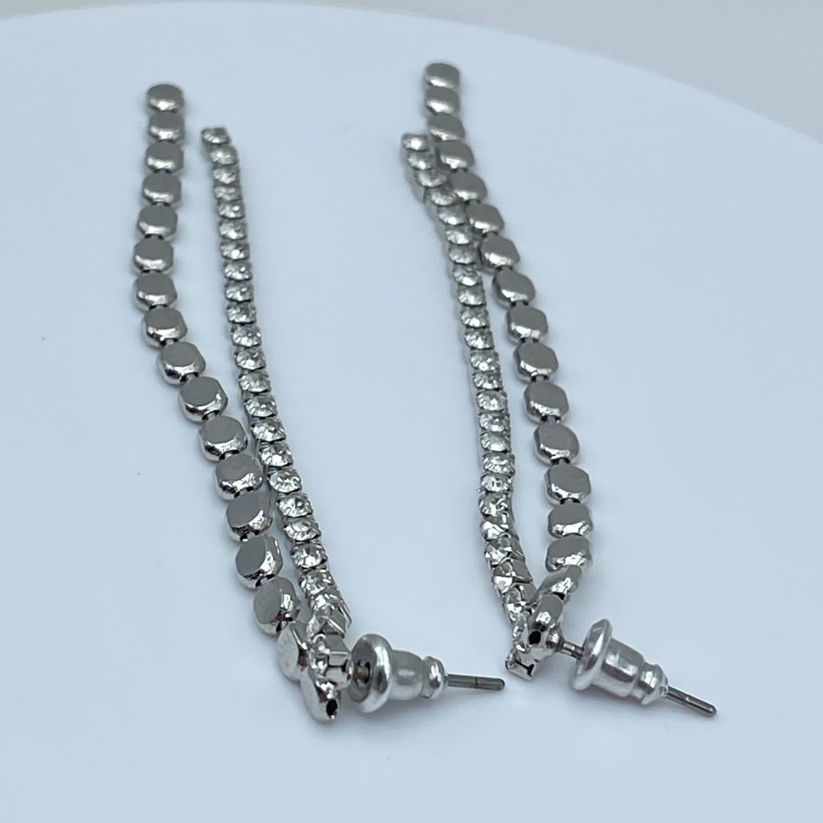 Vintage Y2K Silver Tone Double Strand Clear Rhinestone Tennis Dangle Earrings - Thumbnail 7