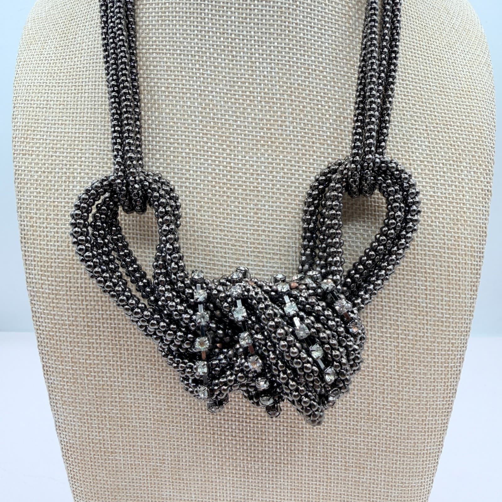 Vintage 90s Gunmetal Tone Multi Strand Rhinestone Knot Necklace Women's Jewelry - Thumbnail 2