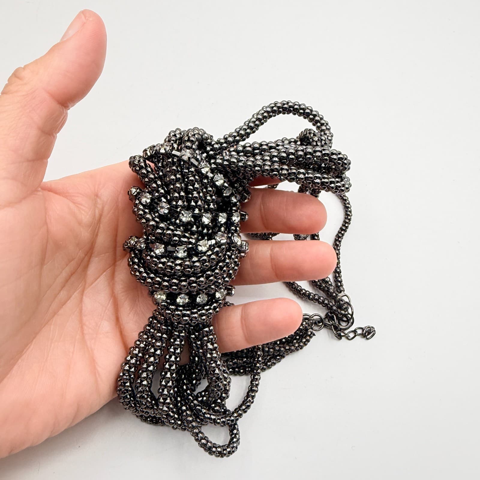 Vintage 90s Gunmetal Tone Multi Strand Rhinestone Knot Necklace Women's Jewelry - Thumbnail 9