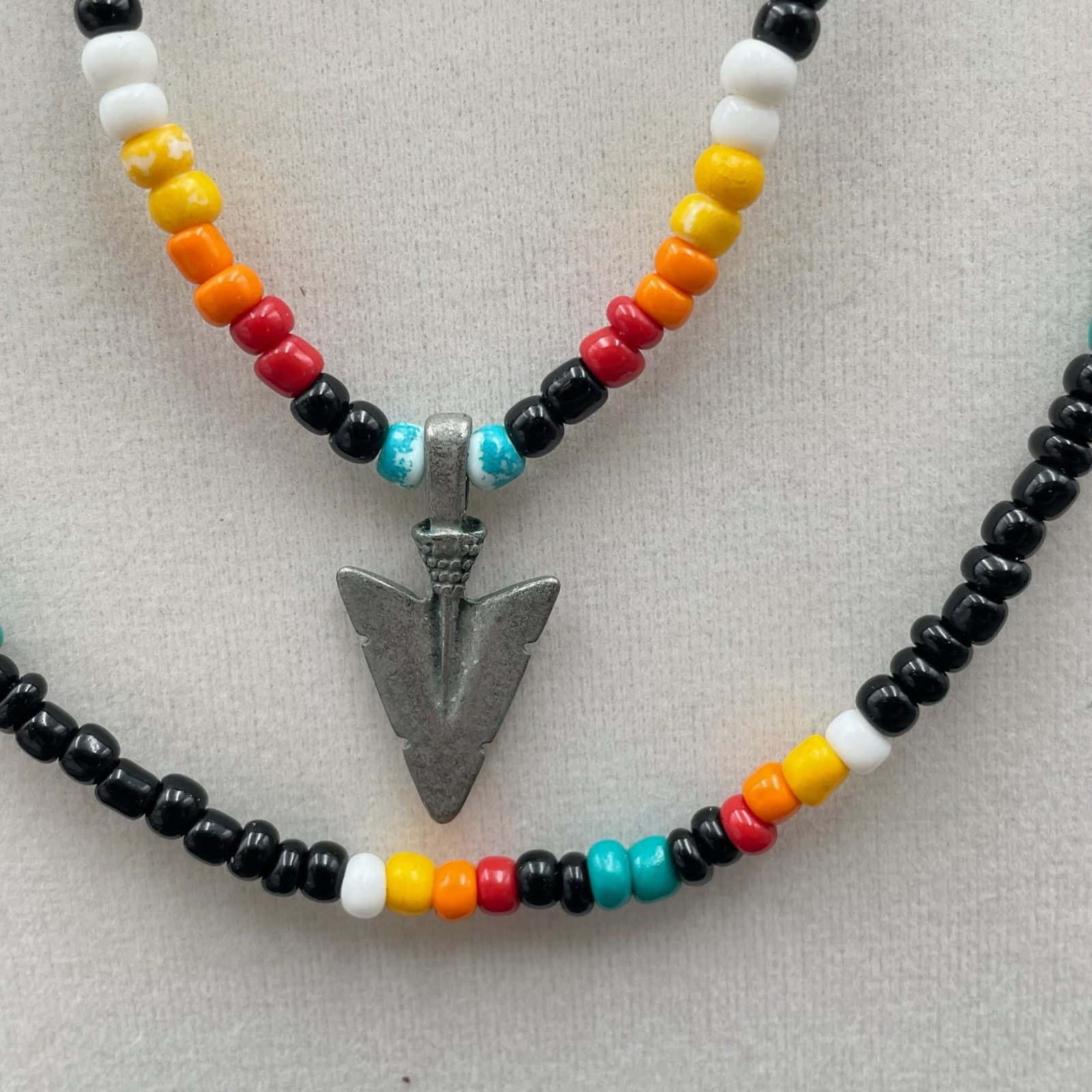 Black Teal American Native Glass Beads Multi-Strand Arrowhead Pendant Necklace - Thumbnail 2