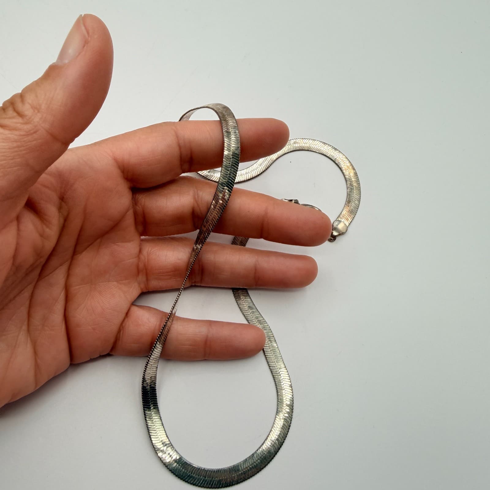 Vintage 80s Silver Tone Herringbone Snake Chain Necklace Korea Flat Link Jewelry - Thumbnail 8