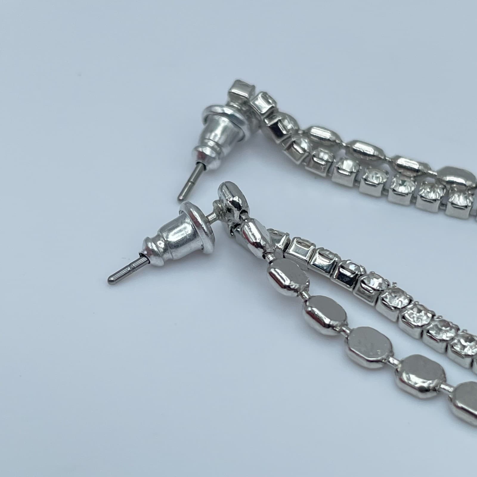 Vintage Y2K Silver Tone Double Strand Clear Rhinestone Tennis Dangle Earrings - Thumbnail 5