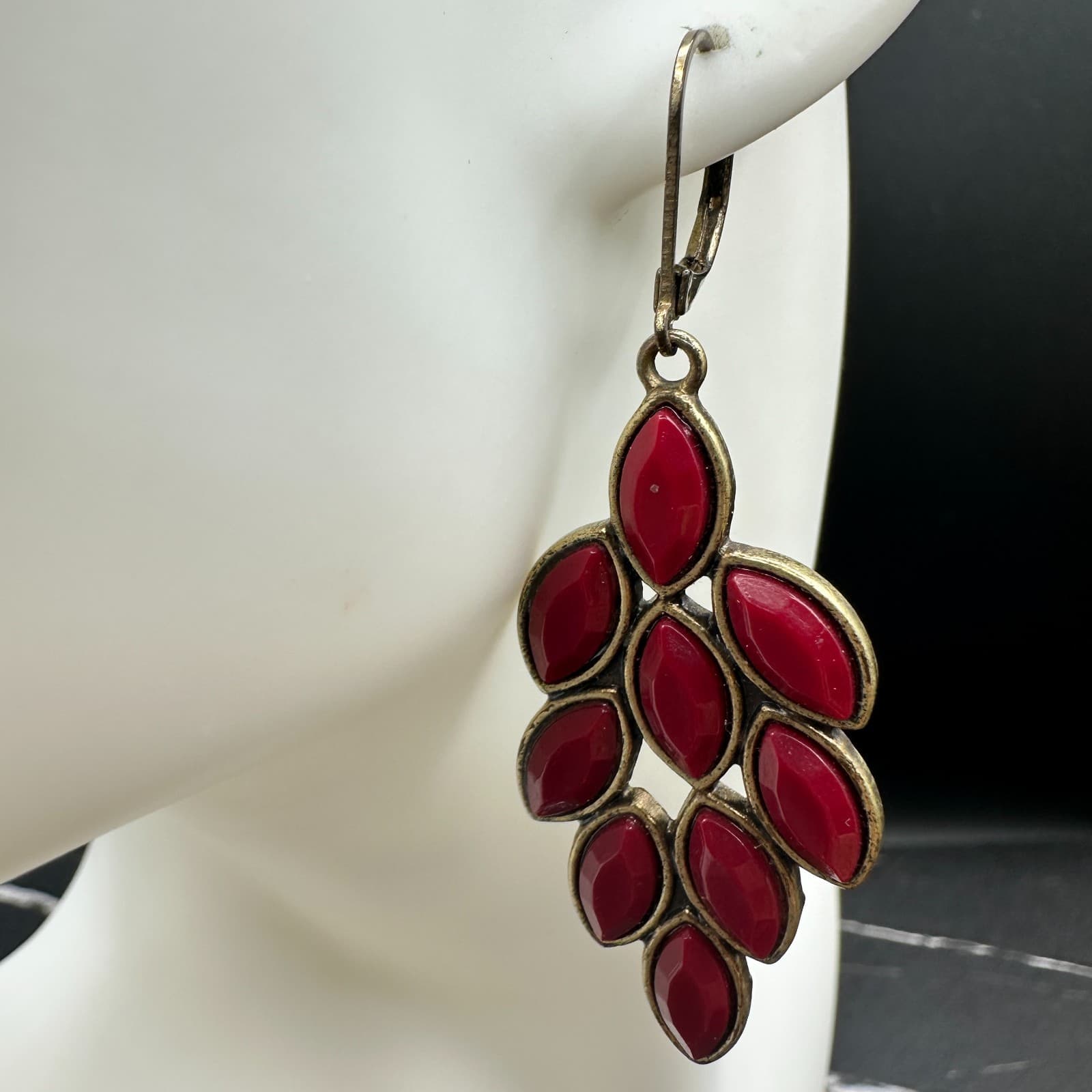 Vintage Women's Red Leaf Cabochon Bronze Metal Beauty Dangle/Drop Earrings - Thumbnail 5
